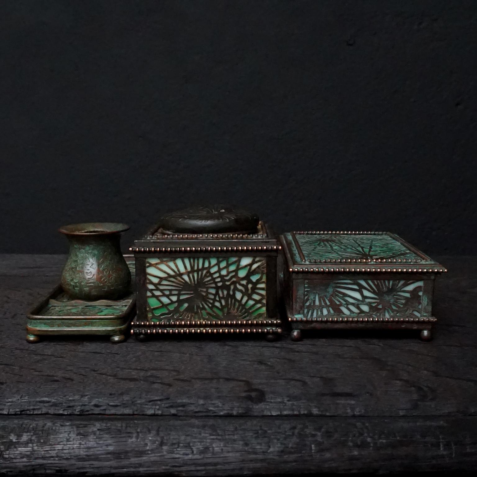 Art Nouveau 1905-1920 Green Slag Glass and Bronze Desk Set by Tiffany Studios New York