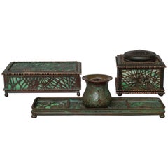 Antique 1905-1920 Green Slag Glass and Bronze Desk Set by Tiffany Studios New York