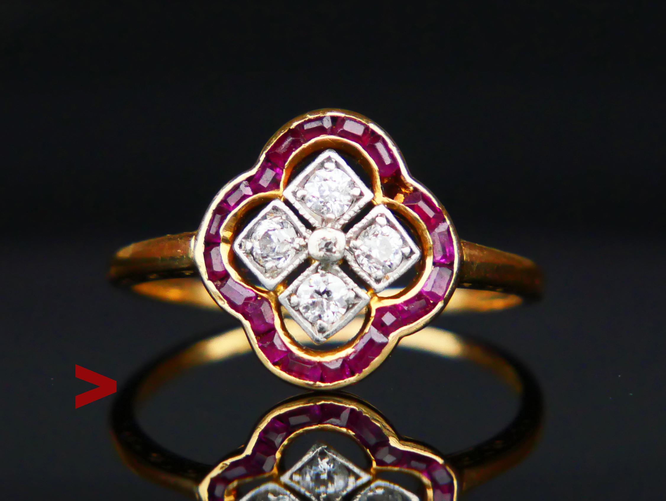 A Ring with openwork crown arranged with 19 care cut Rubies and 5 natural Diamonds in Platinum clusters.
Worn Swedish hallmarks: 18K, 3 crowns , maker's , year combination C7 = hand-made in 1905.
Floret / crown measures 14mm x 12.75 mm x 5.25mm