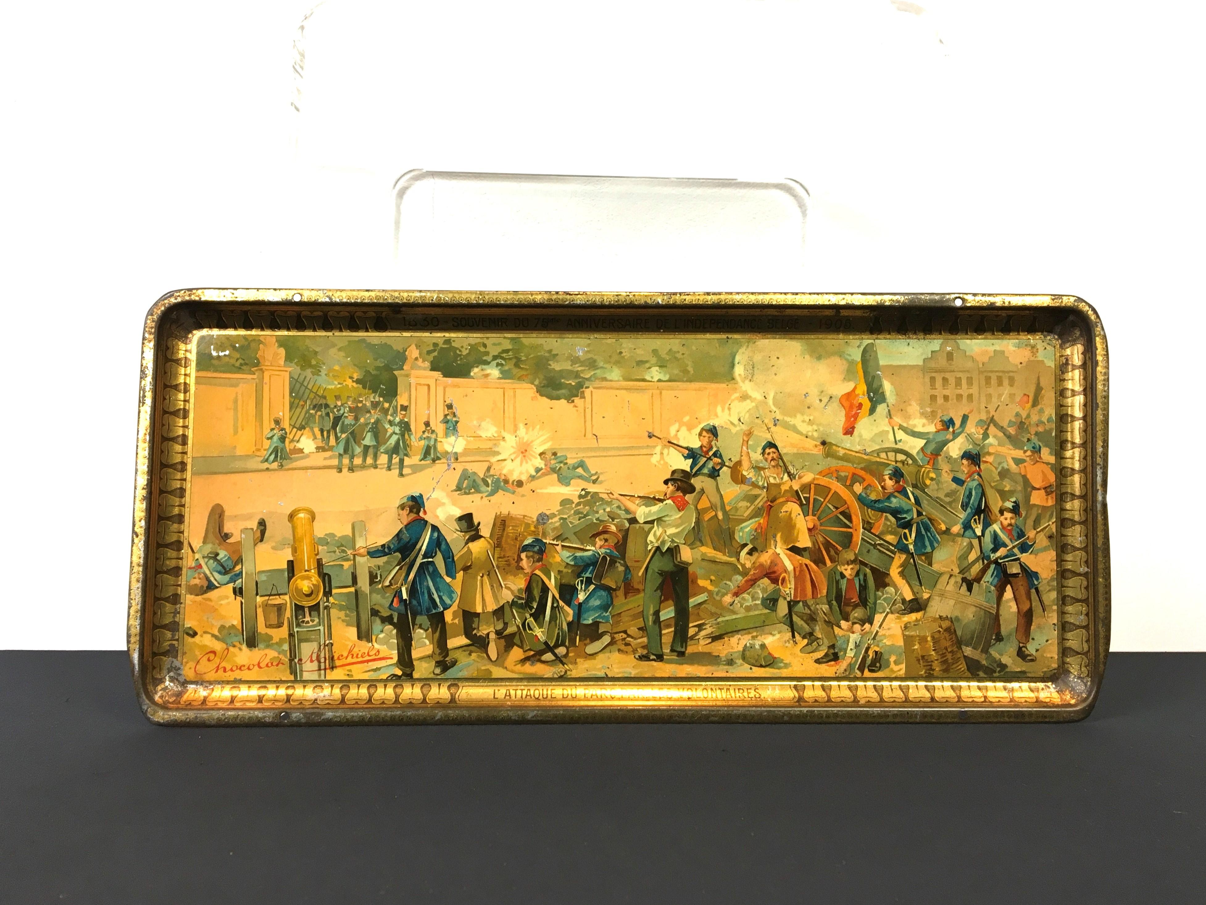Antikes Tablett Schokolade Michiels- 1905 - 75 Jahre Unabhängigkeit Belgien im Angebot 12