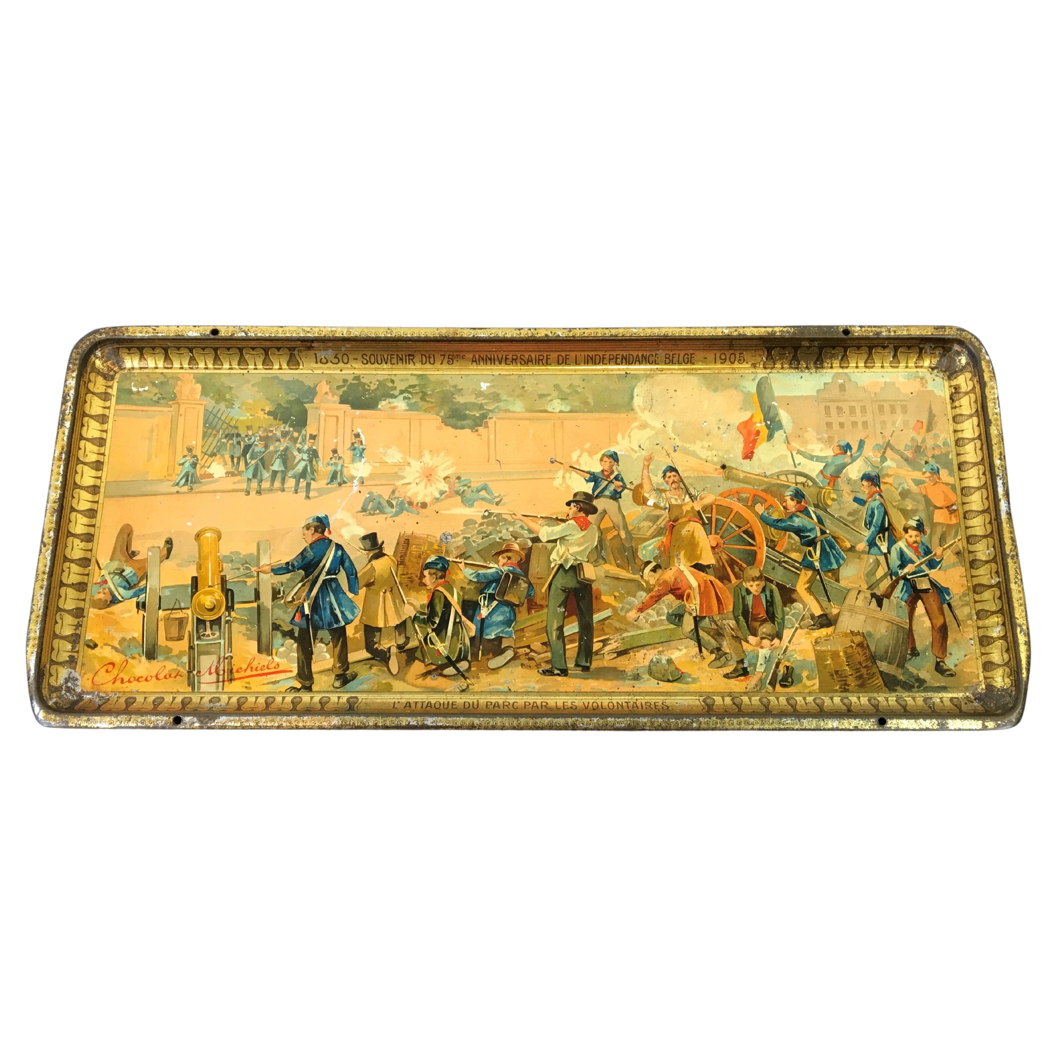 Antikes Tablett Schokolade Michiels- 1905 - 75 Jahre Unabhängigkeit Belgien im Angebot