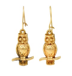 1905 Art Nouveau 14 Karat Gold Owl Drop Earrings