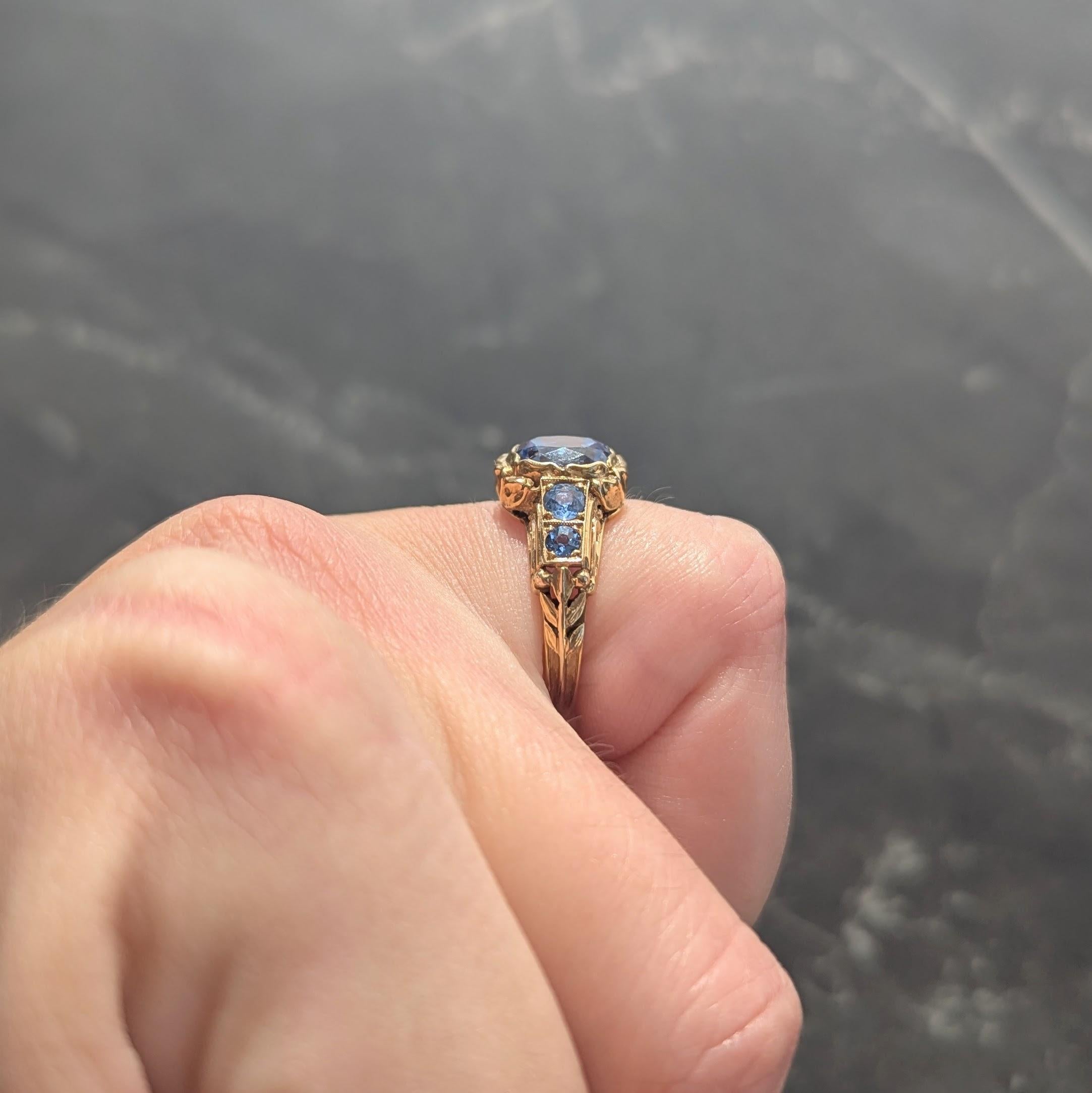 1905 Anello floreale antico in oro giallo 14 carati con zaffiro 3,54 CTW 4