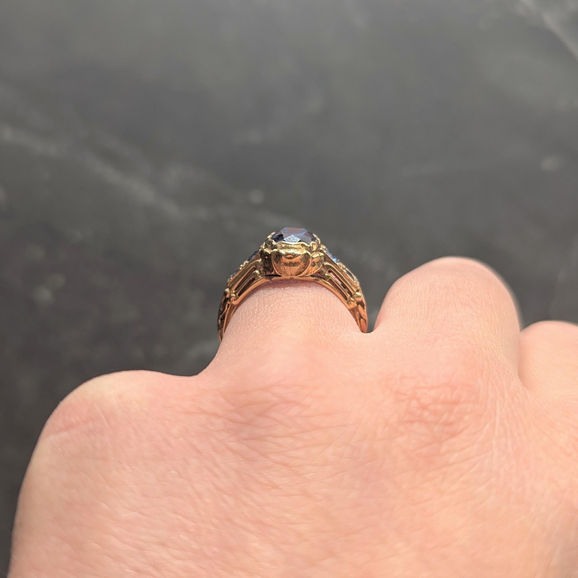 1905 Anello floreale antico in oro giallo 14 carati con zaffiro 3,54 CTW 5