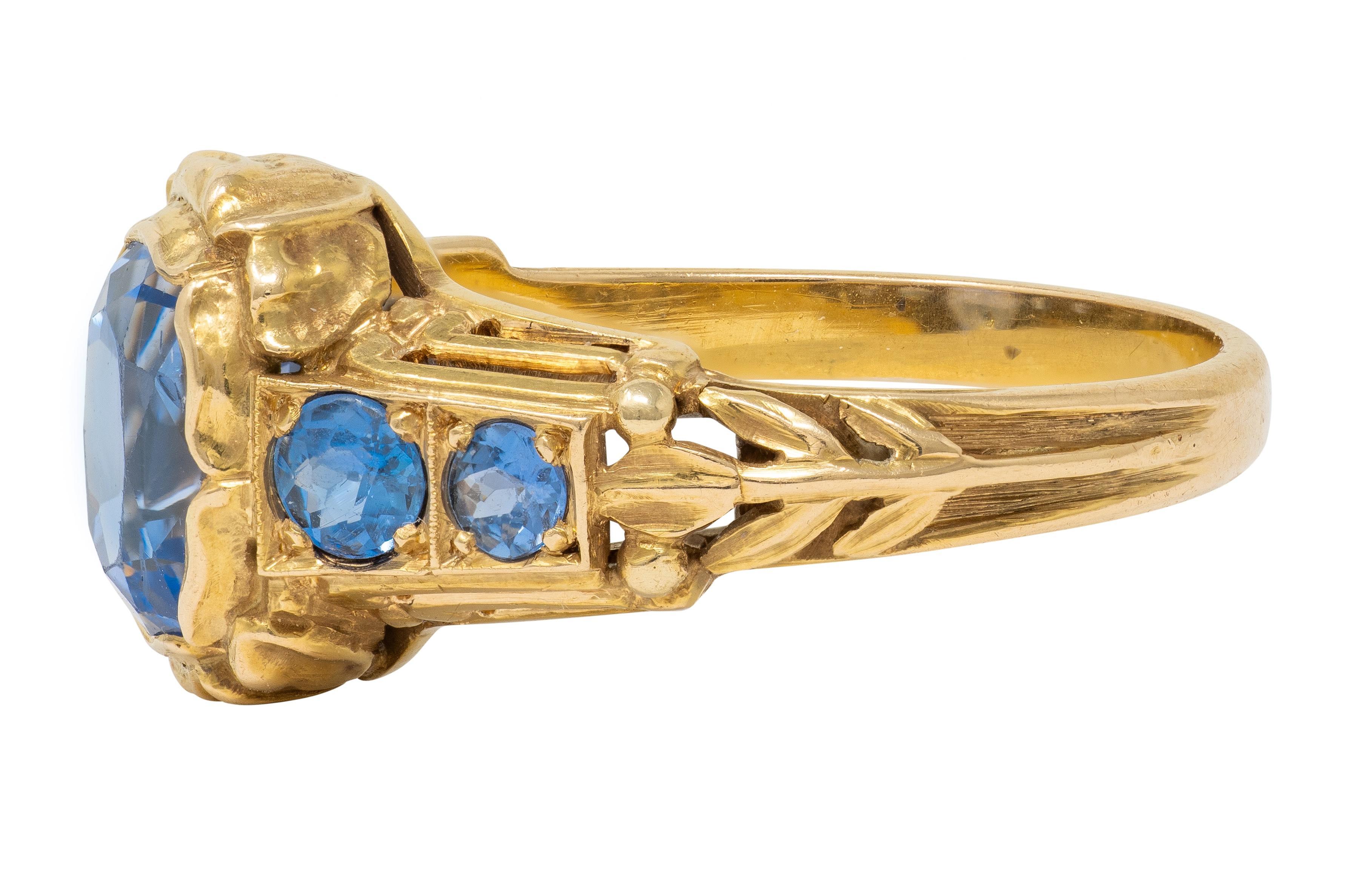 Donna 1905 Anello floreale antico in oro giallo 14 carati con zaffiro 3,54 CTW