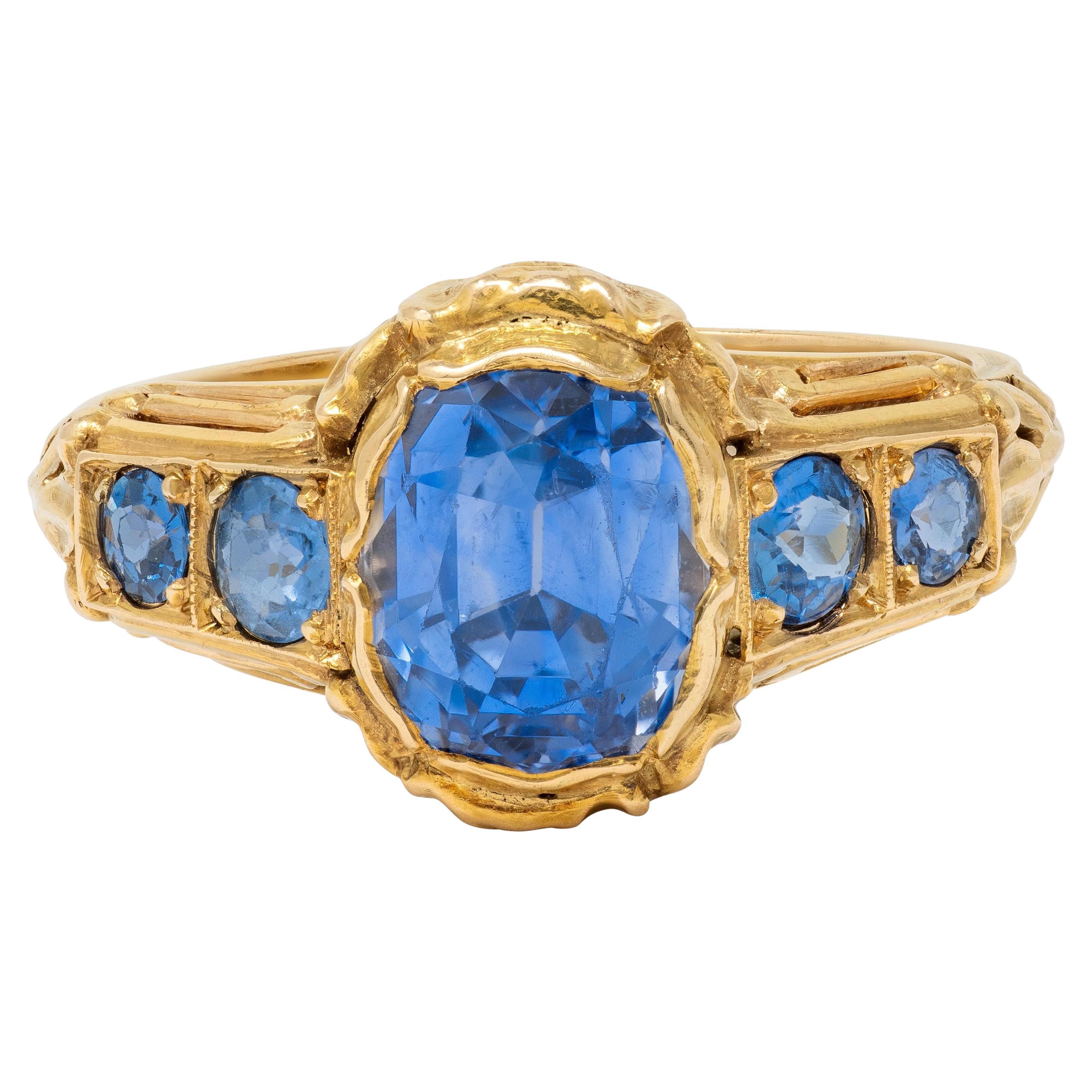 1905 Art Nouveau 3.54 CTW Sapphire 14 Karat Yellow Gold Antique Flower Ring