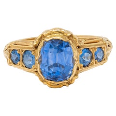 1905 Art Nouveau 3.54 CTW Sapphire 14 Karat Yellow Gold Antique Flower Ring