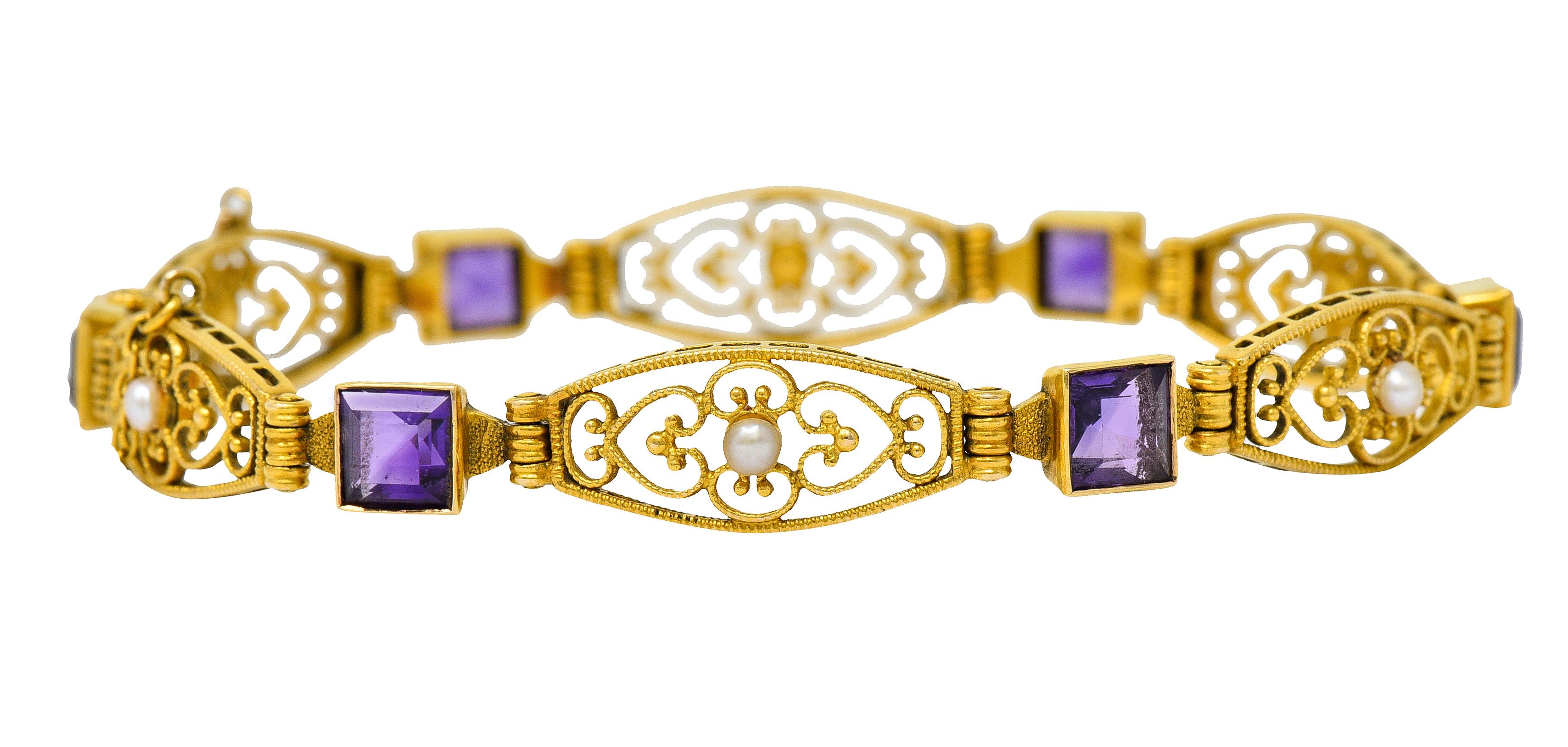 1905 Jugendstil Amethyst Perle 14 Karat Gold Gliederarmband (Art nouveau)