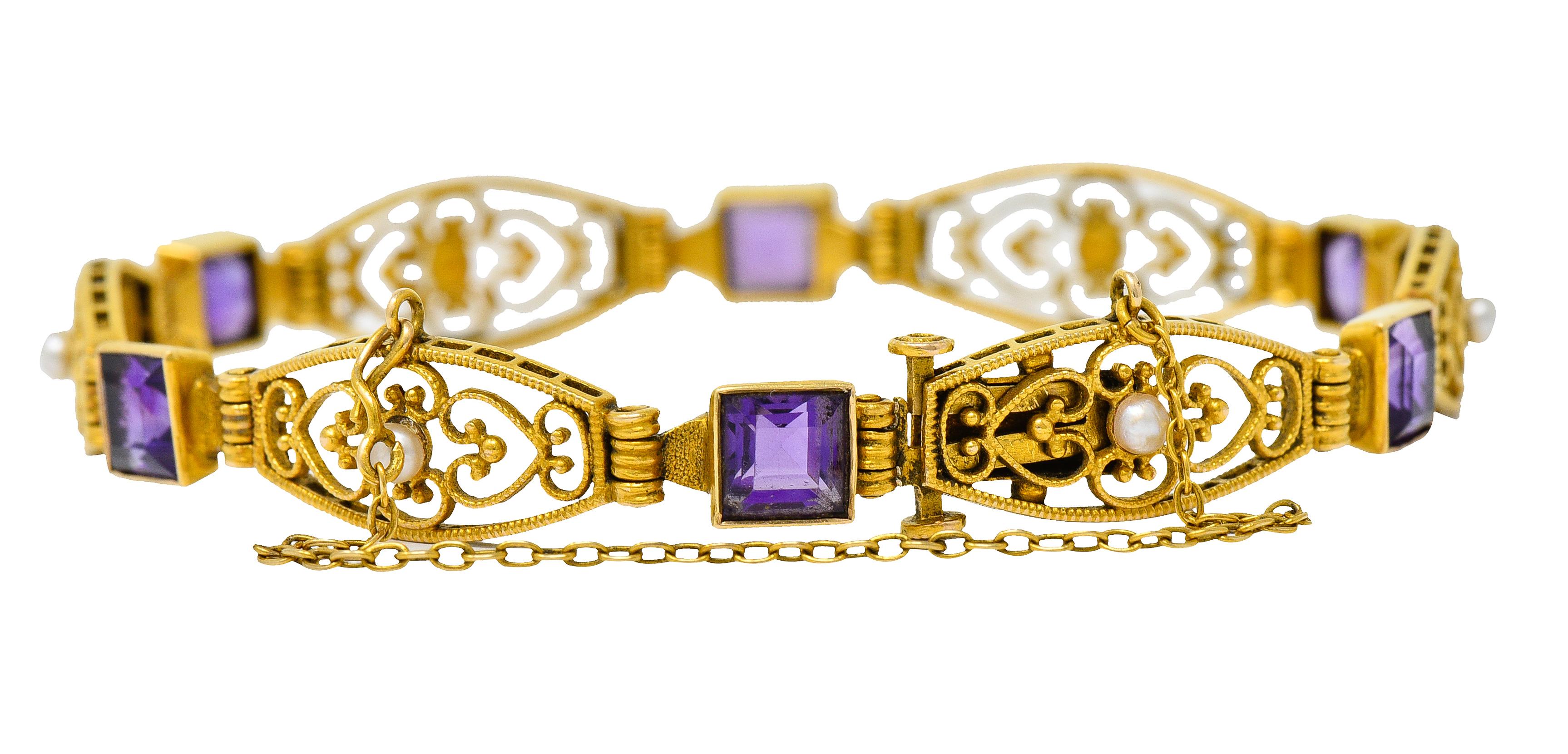 1905 Jugendstil Amethyst Perle 14 Karat Gold Gliederarmband (Carréeschliff)