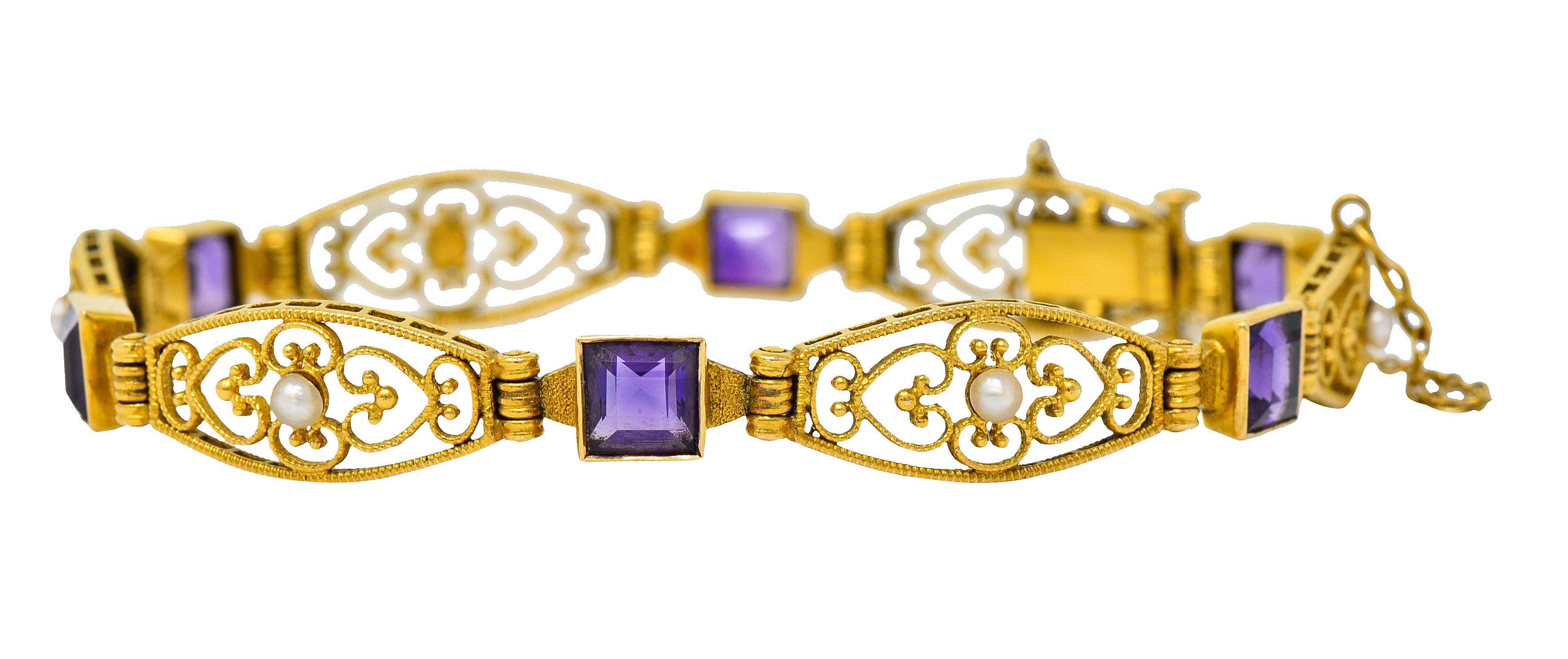 1905 Jugendstil Amethyst Perle 14 Karat Gold Gliederarmband im Zustand „Hervorragend“ in Philadelphia, PA