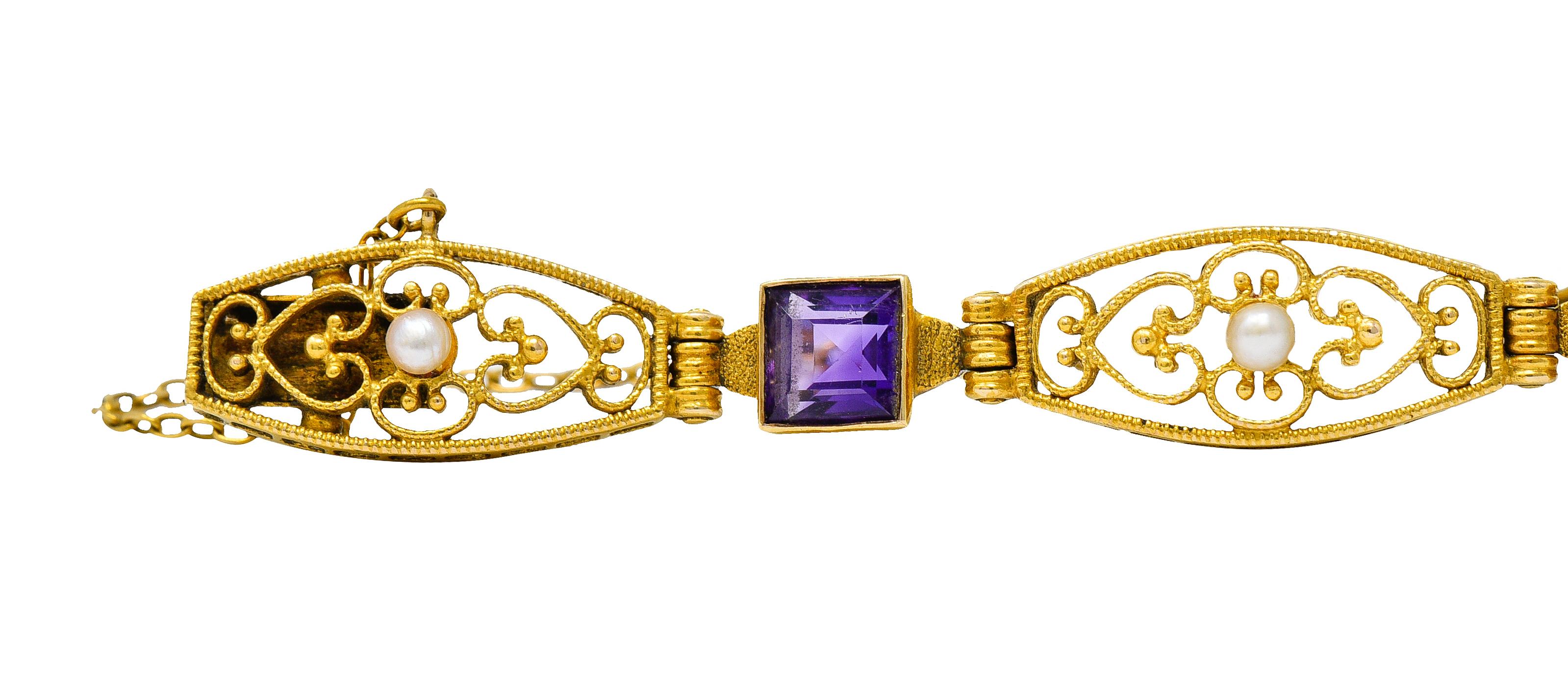 1905 Jugendstil Amethyst Perle 14 Karat Gold Gliederarmband für Damen oder Herren