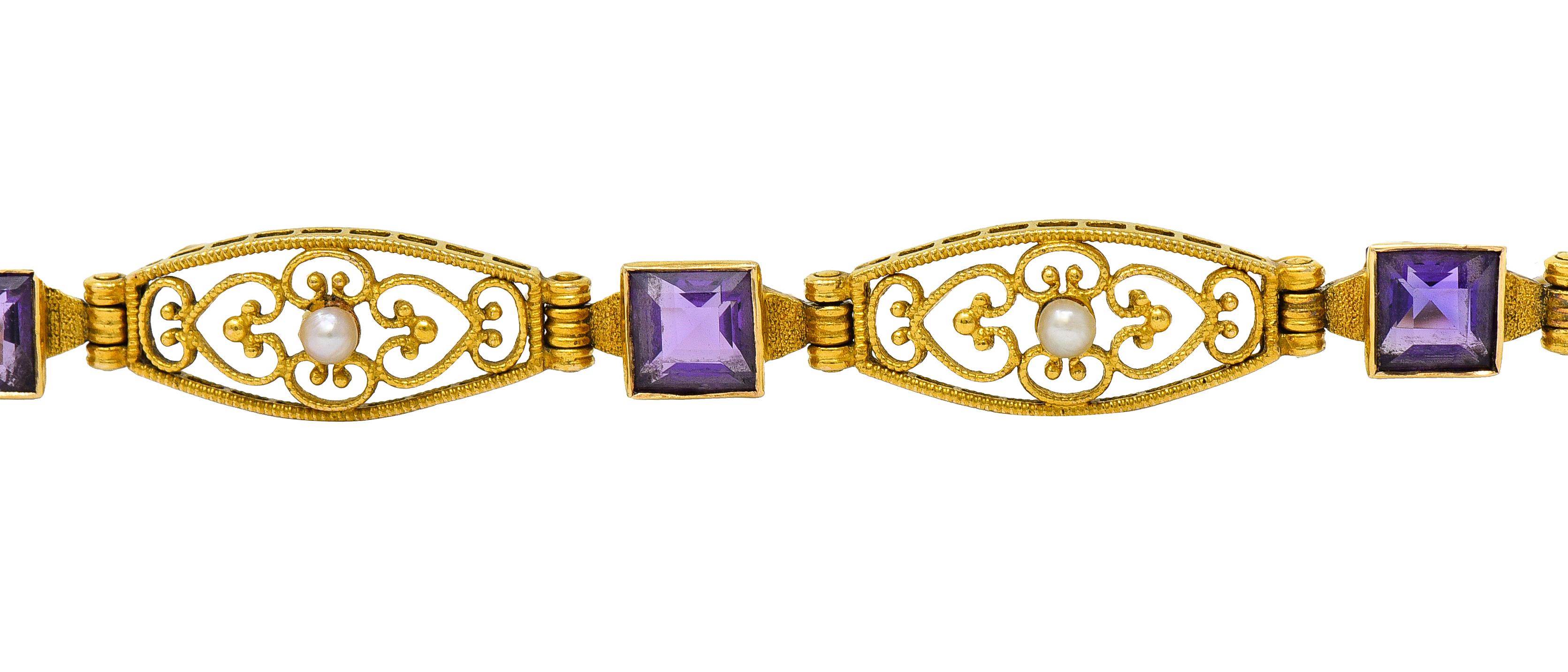 1905 Jugendstil Amethyst Perle 14 Karat Gold Gliederarmband 1