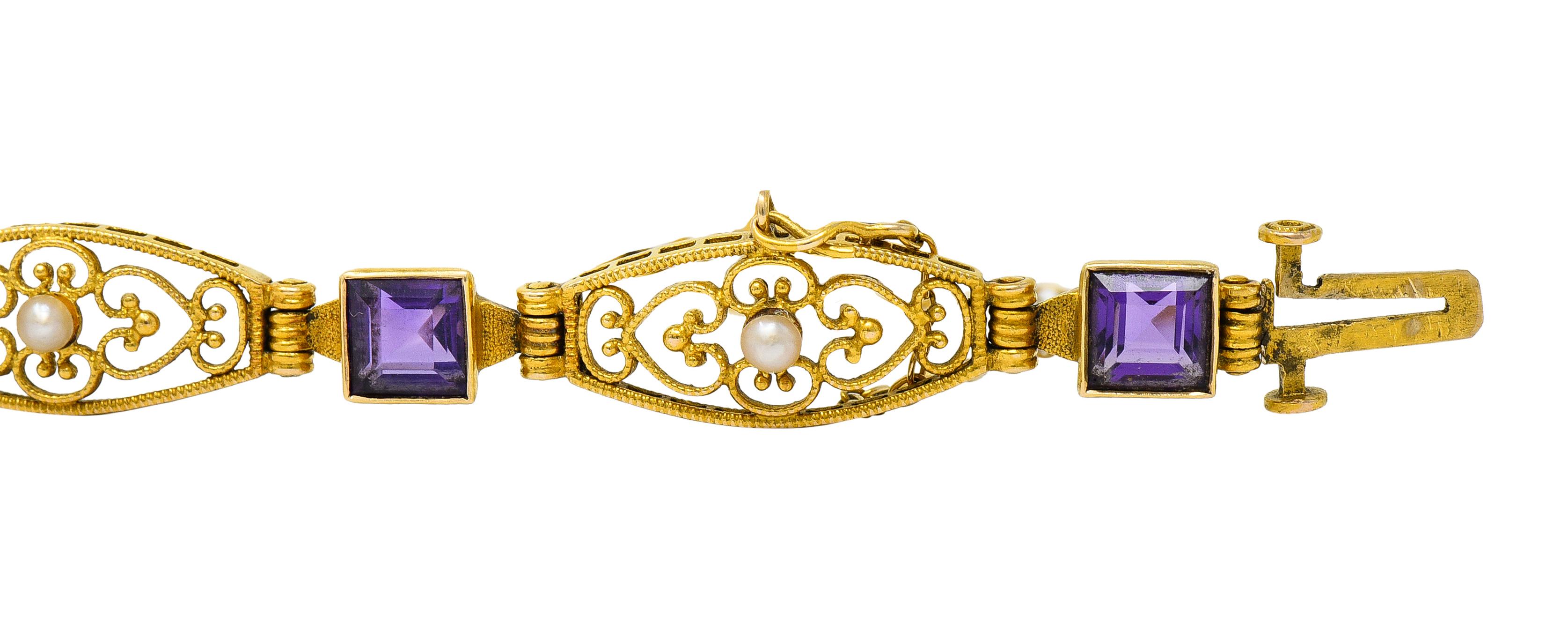 1905 Jugendstil Amethyst Perle 14 Karat Gold Gliederarmband 2