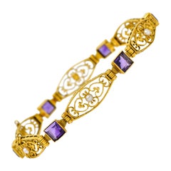 1905 Art Nouveau Amethyst Pearl 14 Karat Gold Link Bracelet