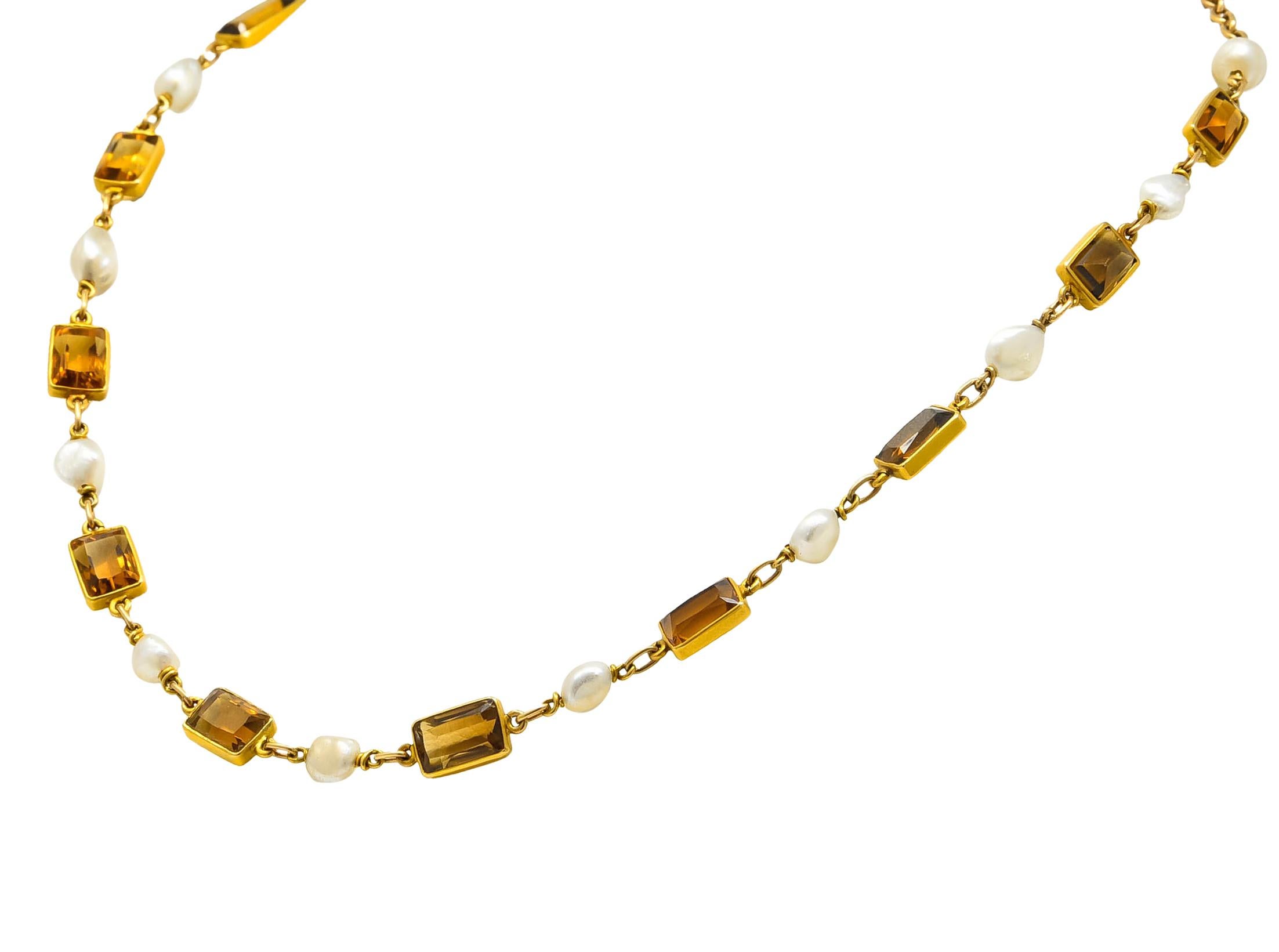Link style necklace comprised of rectangular cut citrine, bezel set in matte 18 karat gold frames, weighing approximately 15.00 carats total, transparent and a smoked honey color

Alternating with natural pearls measuring approximately 5.5 to 7.0