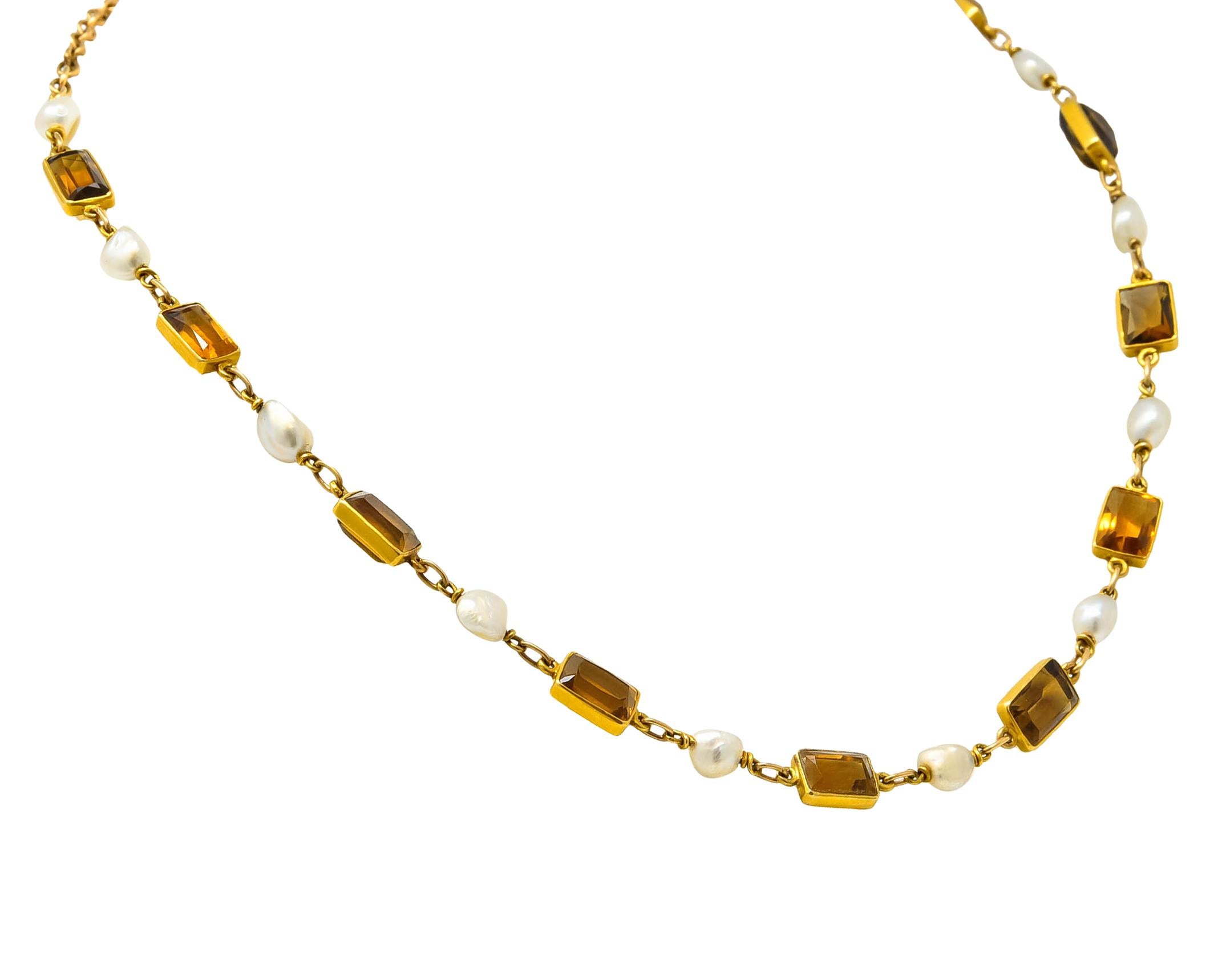 1905 Art Nouveau Citrine Pearl 14 Karat Gold Link Necklace In Excellent Condition In Philadelphia, PA