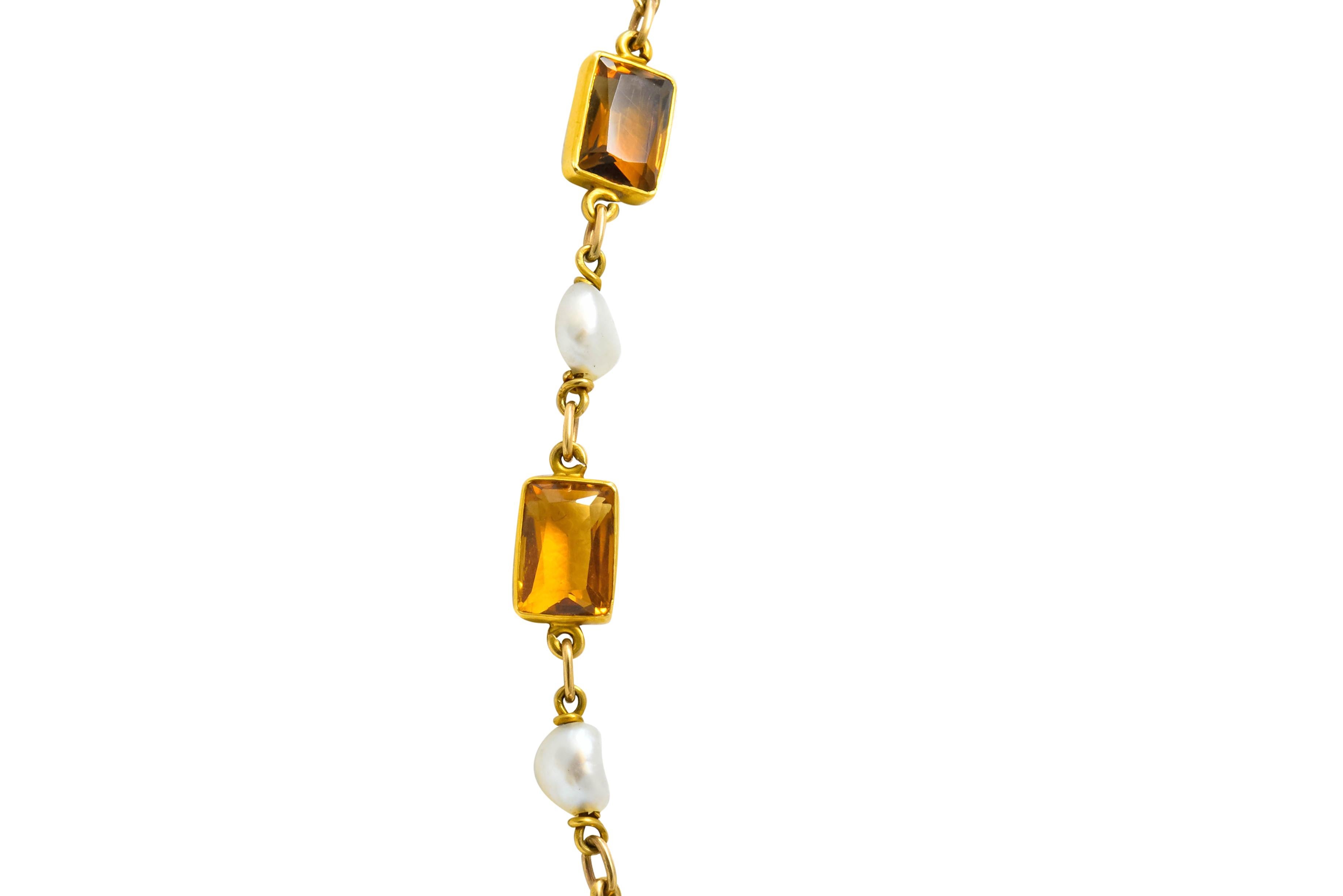 Women's or Men's 1905 Art Nouveau Citrine Pearl 14 Karat Gold Link Necklace