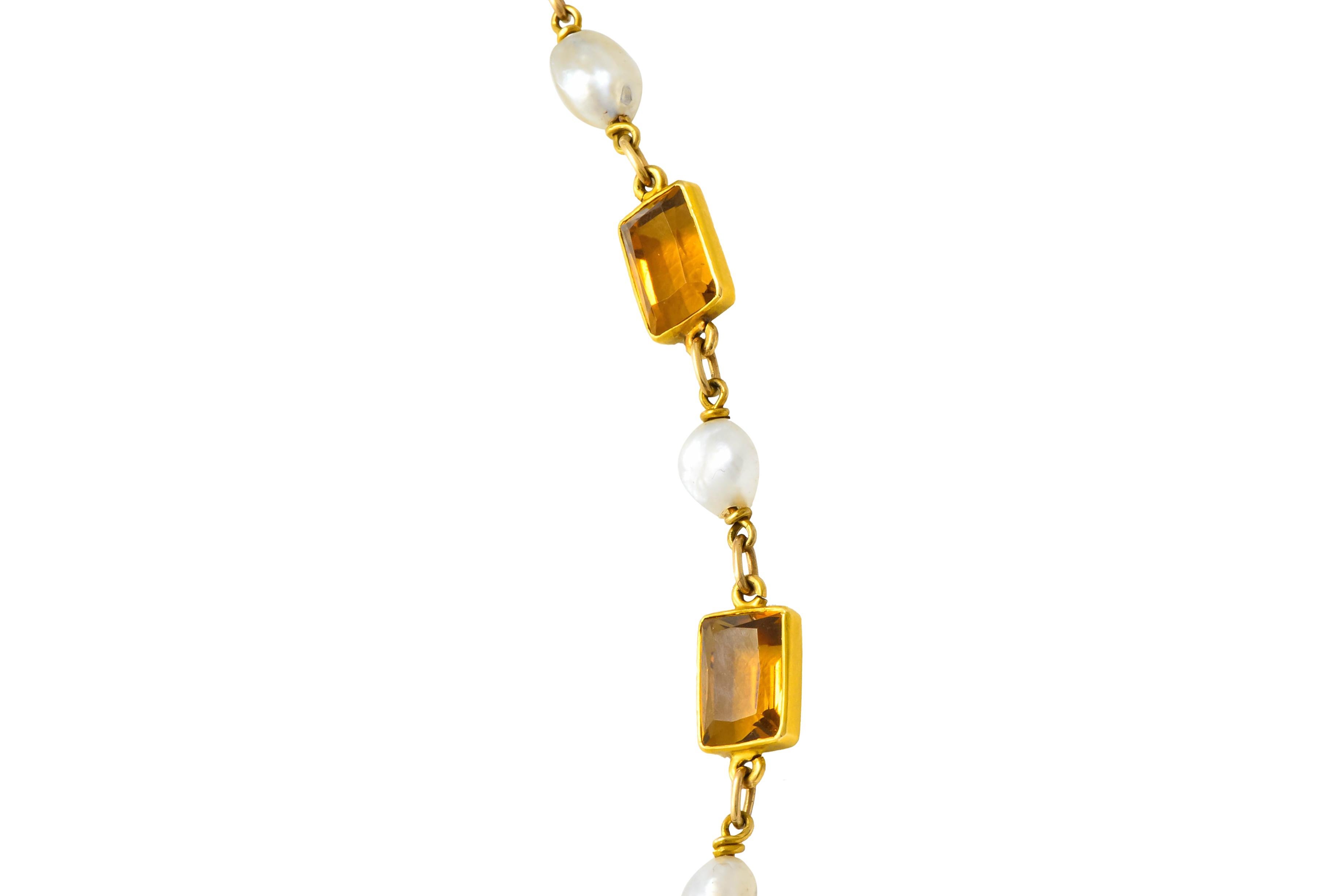 1905 Art Nouveau Citrine Pearl 14 Karat Gold Link Necklace 1