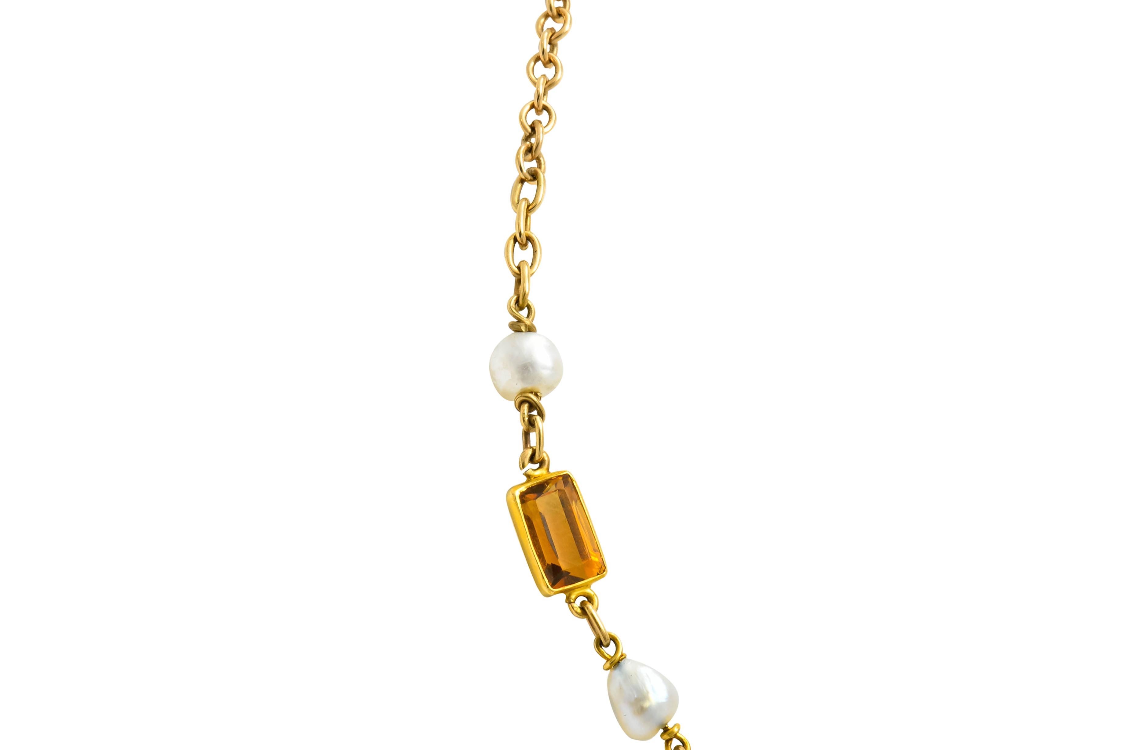 1905 Art Nouveau Citrine Pearl 14 Karat Gold Link Necklace 2