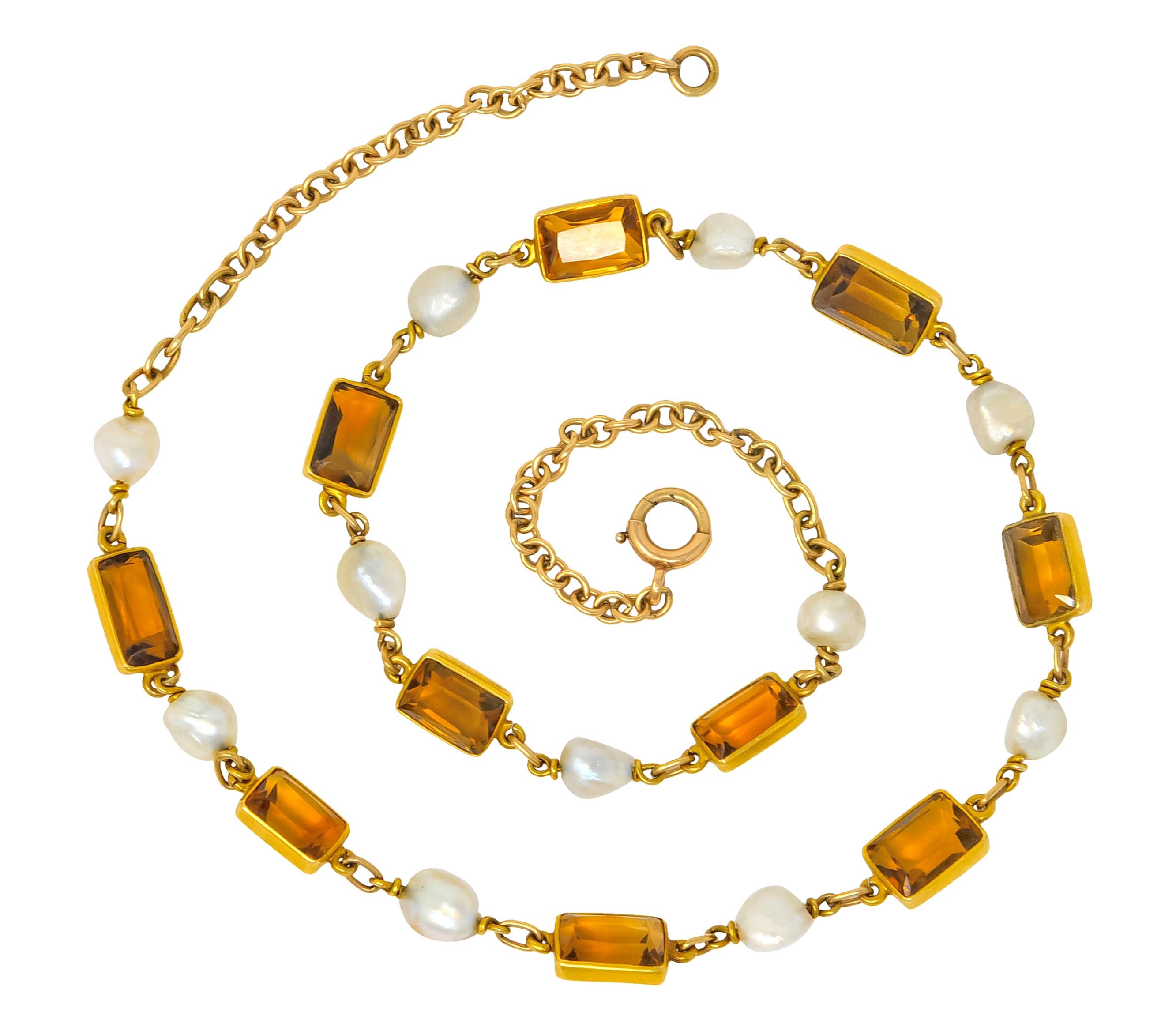 1905 Art Nouveau Citrine Pearl 14 Karat Gold Link Necklace 4