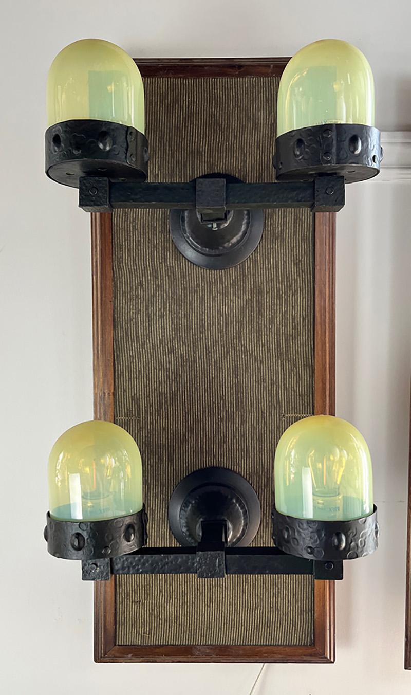 Arts and Crafts 1905 Arts & Crafts 2 Light Hammered Wall Sconces with Vaseline Bullet Shades For Sale