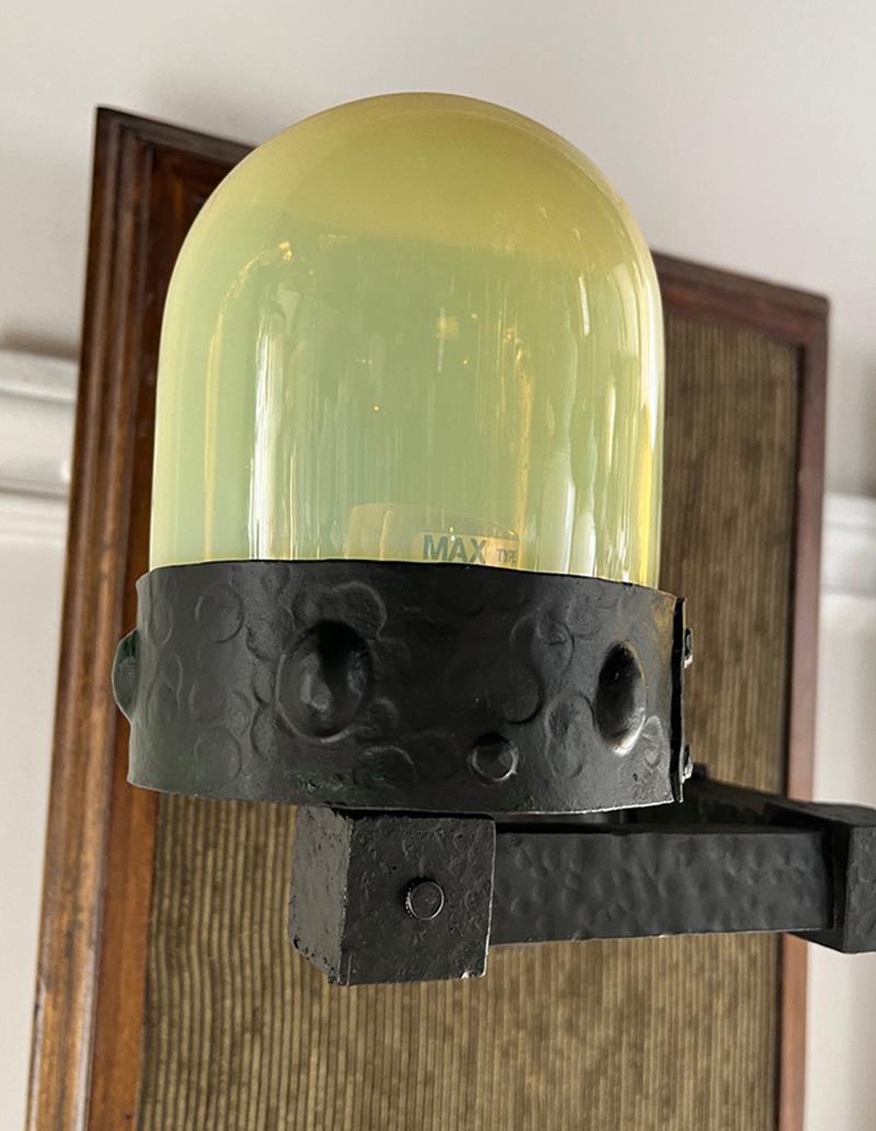 American 1905 Arts & Crafts 2 Light Hammered Wall Sconces with Vaseline Bullet Shades For Sale