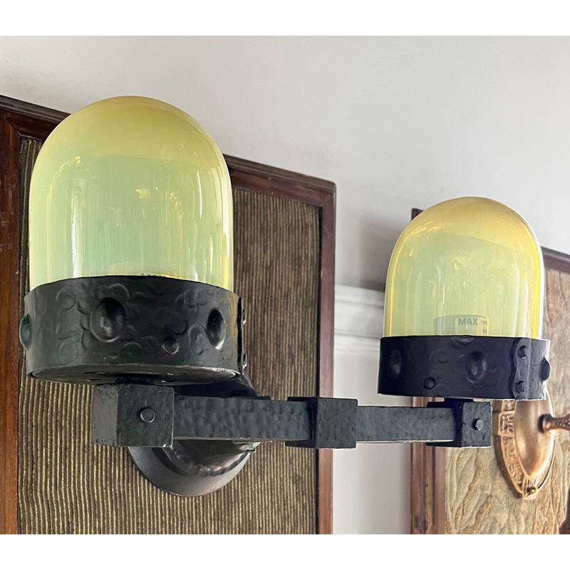 1905 Arts & Crafts 2 Light Hammered Wall Sconces with Vaseline Bullet Shades In Good Condition For Sale In Mississauga, CA