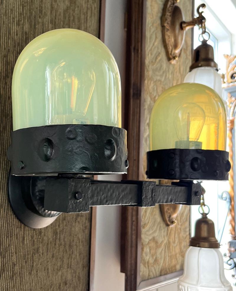 Early 20th Century 1905 Arts & Crafts 2 Light Hammered Wall Sconces with Vaseline Bullet Shades For Sale