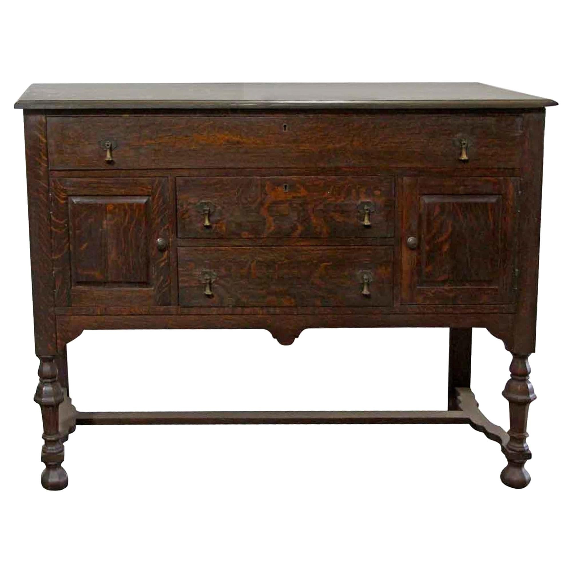 1905 Arts & Crafts Tiger Oak Sideboard with 3 Drawers and 2 Cubicles