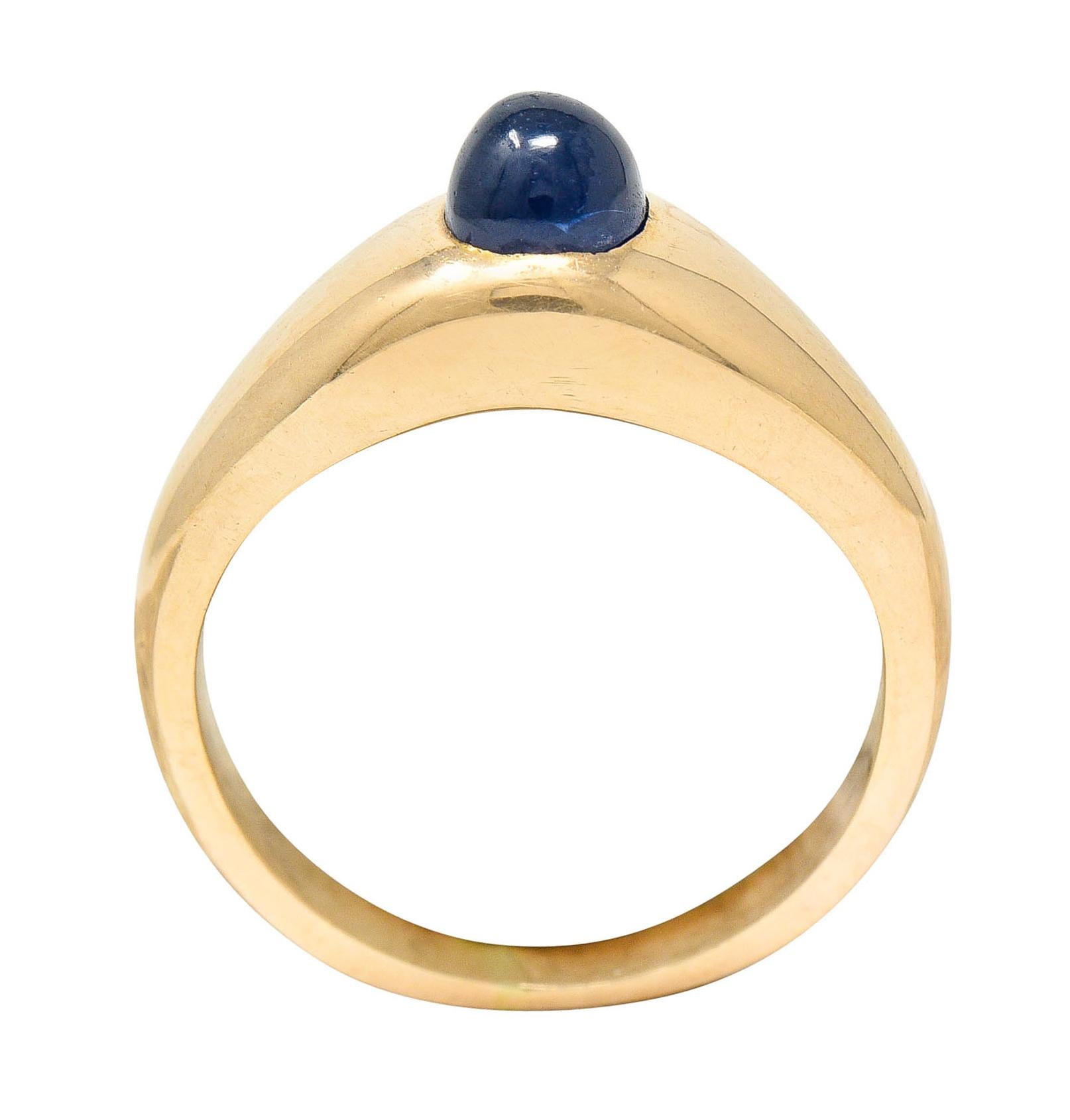 Bombè style band features a highly domed and gypsy set bullet cabochon of sapphire

Weighing approximately 0.75 carat - translucent and uniformly blue in color

Tested as 14 karat rose gold

Maker's mark for Black Starr & Frost

Circa: 1905

Ring