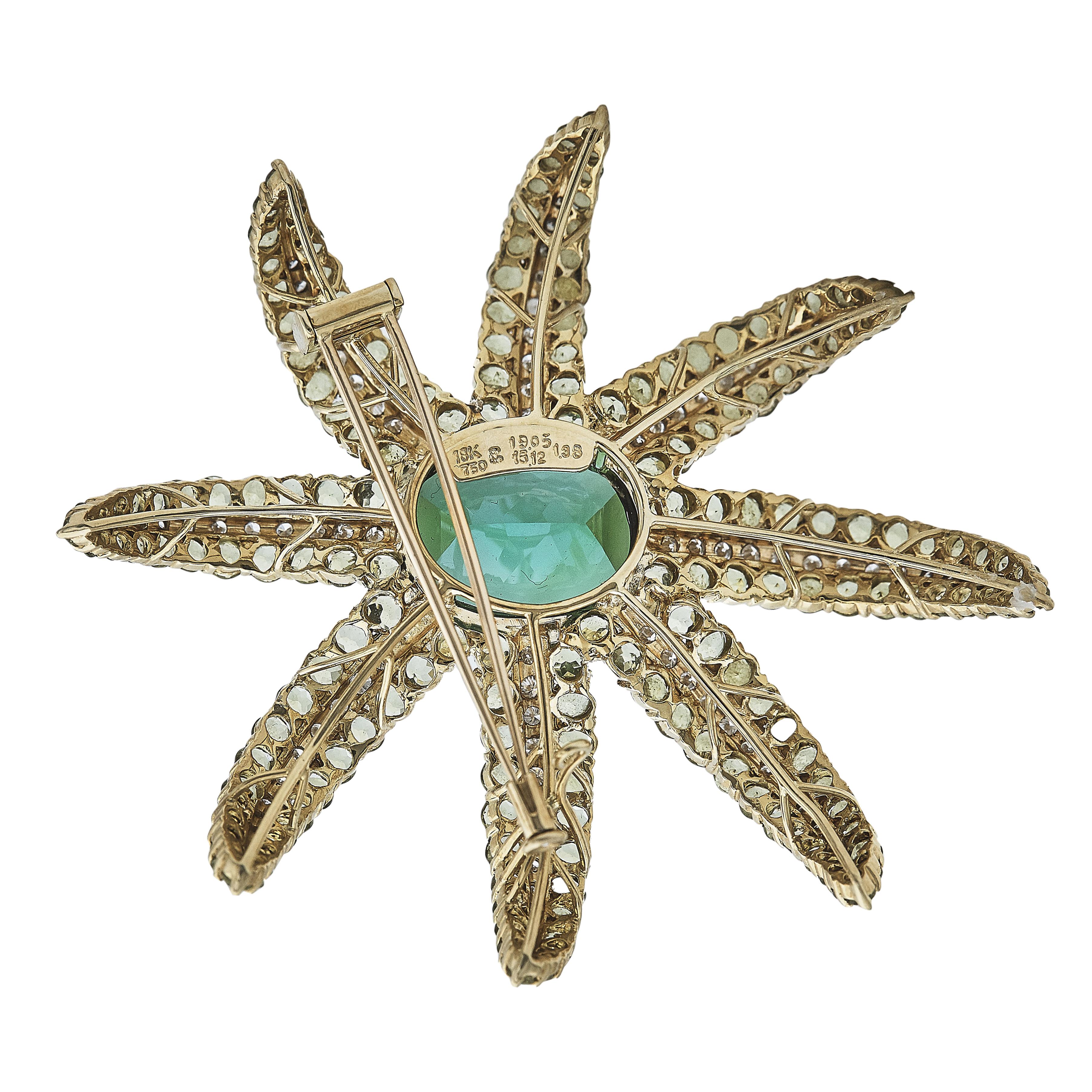 19,05 carati di tormalina 16,12 carati di peridoto 1,38 carati di diamante 18K YG Spilla a spillo in vendita 10