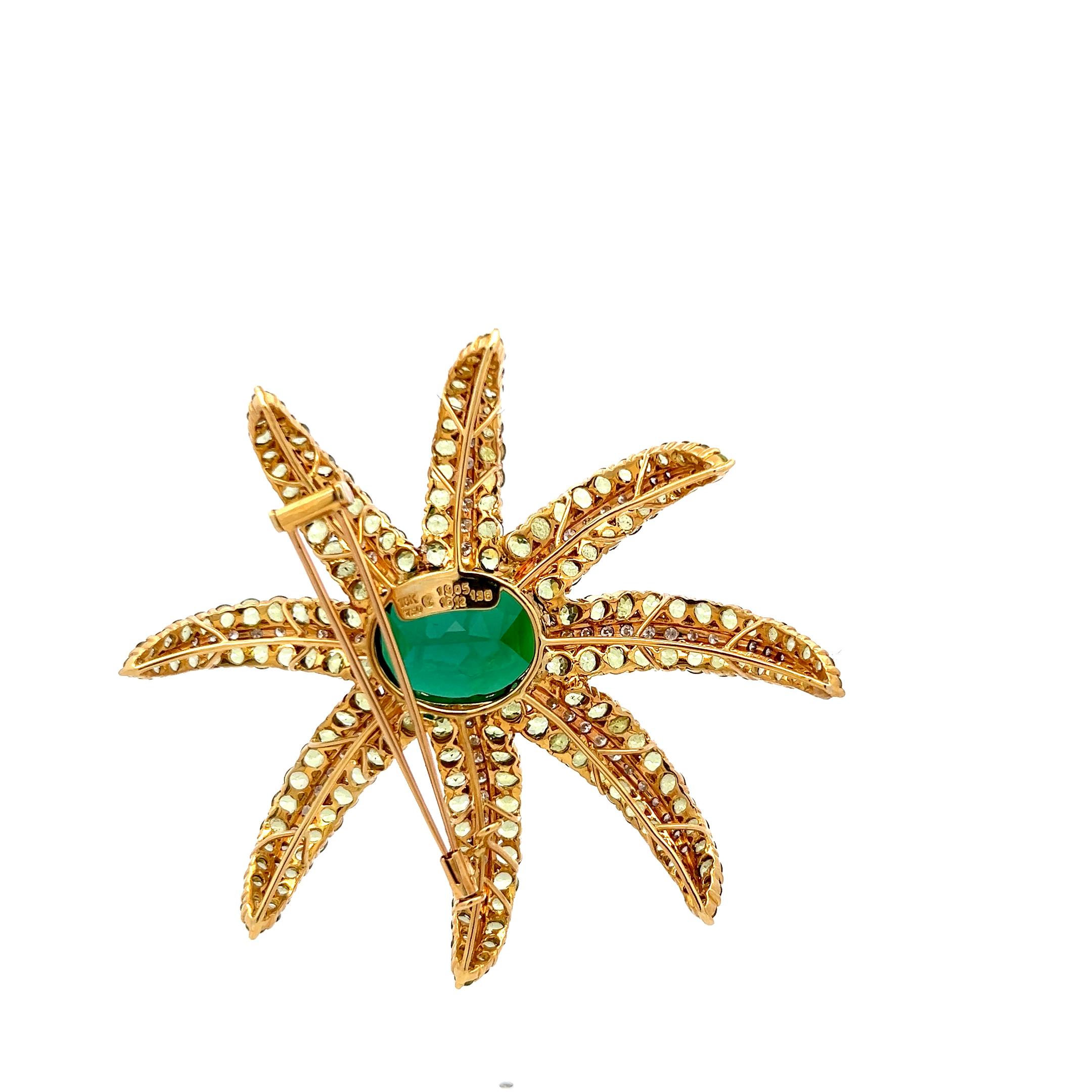 Taglio cuscino 19,05 carati di tormalina 16,12 carati di peridoto 1,38 carati di diamante 18K YG Spilla a spillo in vendita