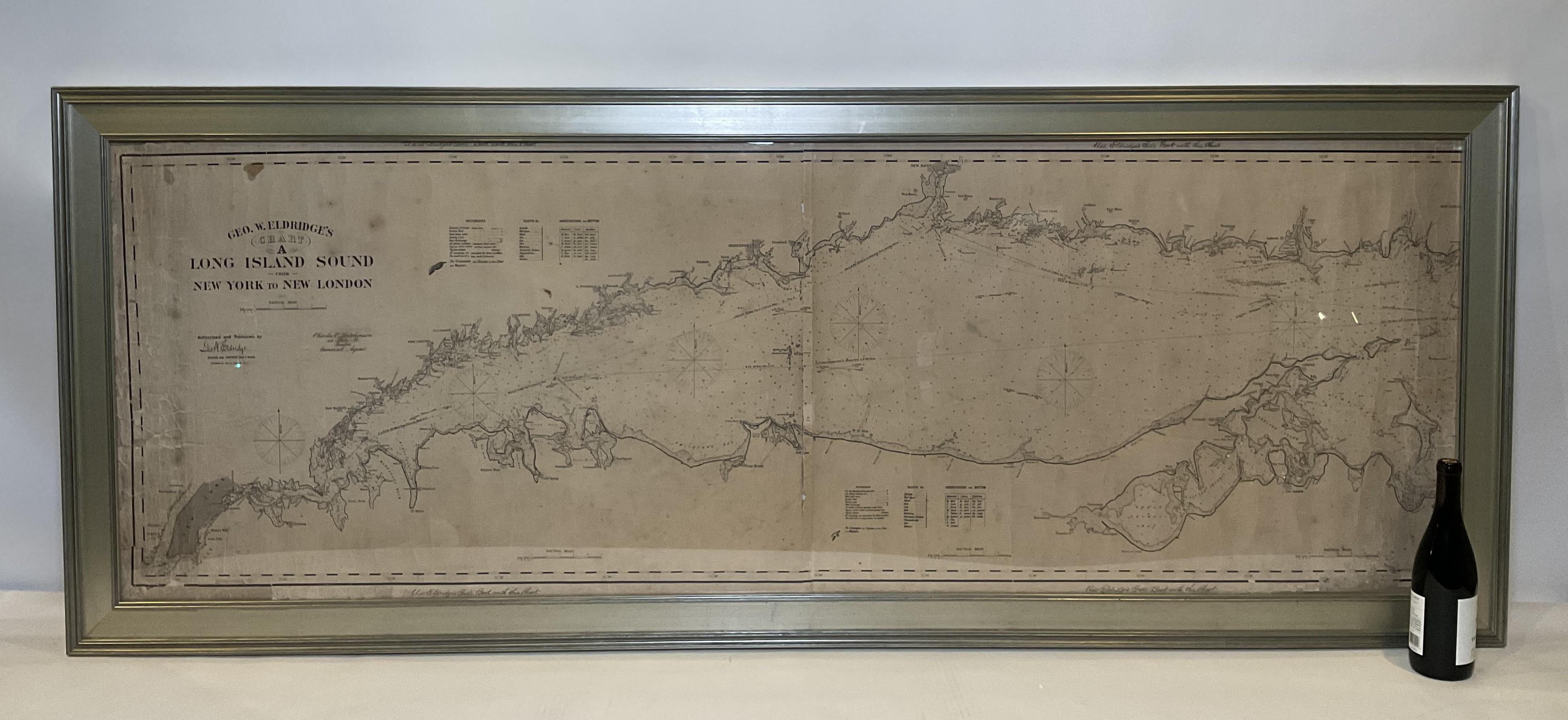 Original-Karte des Long Island Sound von George Eldridge, datiert 1905. Enthält auch den Namen des Verkäufers, Ships Chandler Charles C. Hutchinson, 152 State St., Boston, General Agent. Mit Mamaroneck, Greenwich, Darien, Westport, Manhattan, Glen