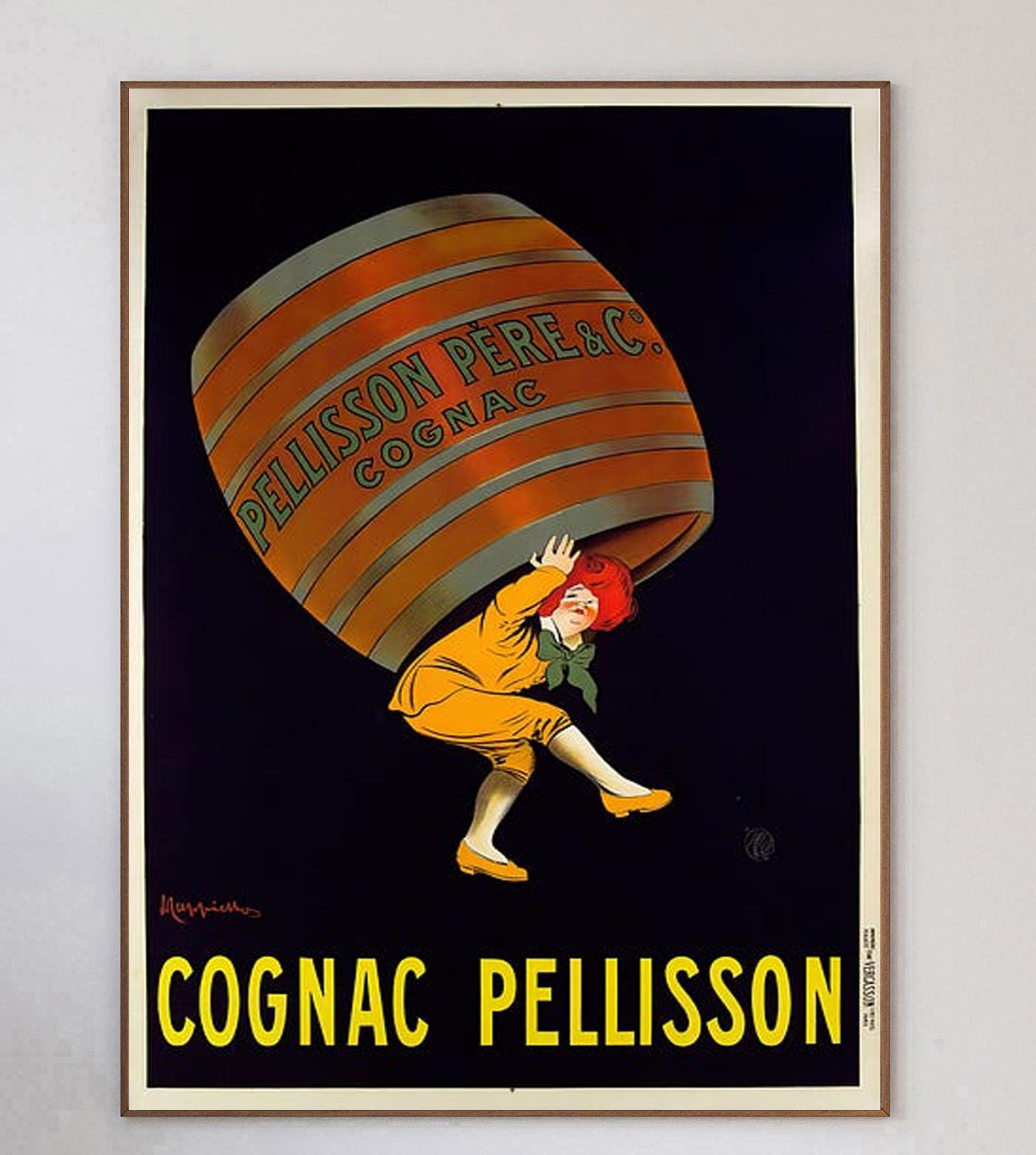 One of the most iconic poster designs of the 20th century by one of the most revered poster artists. Founded in 1836 Cognac Pellisson is a French Liquour company that continues to today. Here the poster promoting the brand depicts a woman carrying