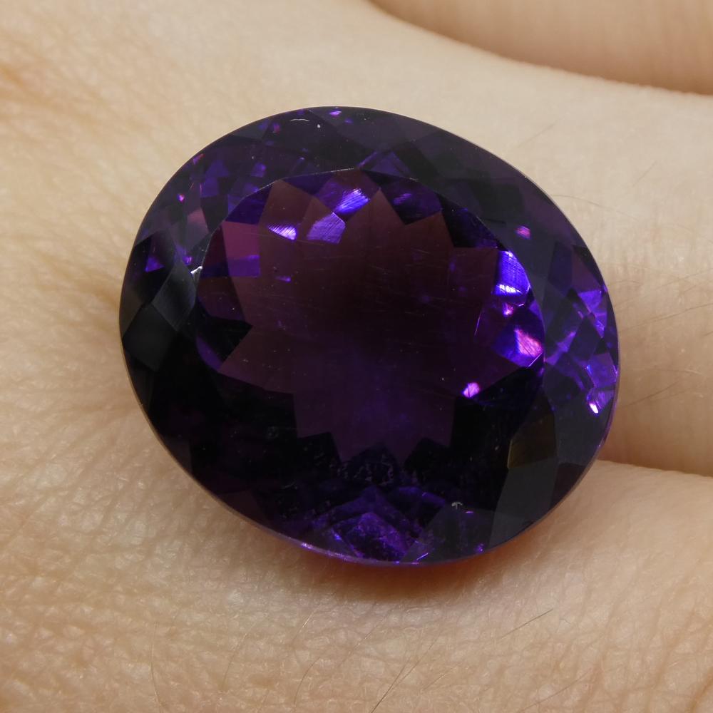 Description:

Gem Type: Amethyst
Number of Stones: 1
Weight: 19.05 cts
Measurements: 17.60x15.30x11.40 mm
Shape: Oval
Cutting Style Crown: Modified Brilliant
Cutting Style Pavilion: Modified Brilliant
Transparency: Transparent
Clarity: Very Slightly