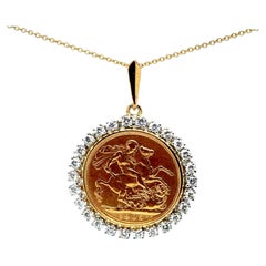 1905 English Sovereign Coin Pendant with 1CT Diamonds 18K Gold Mounting