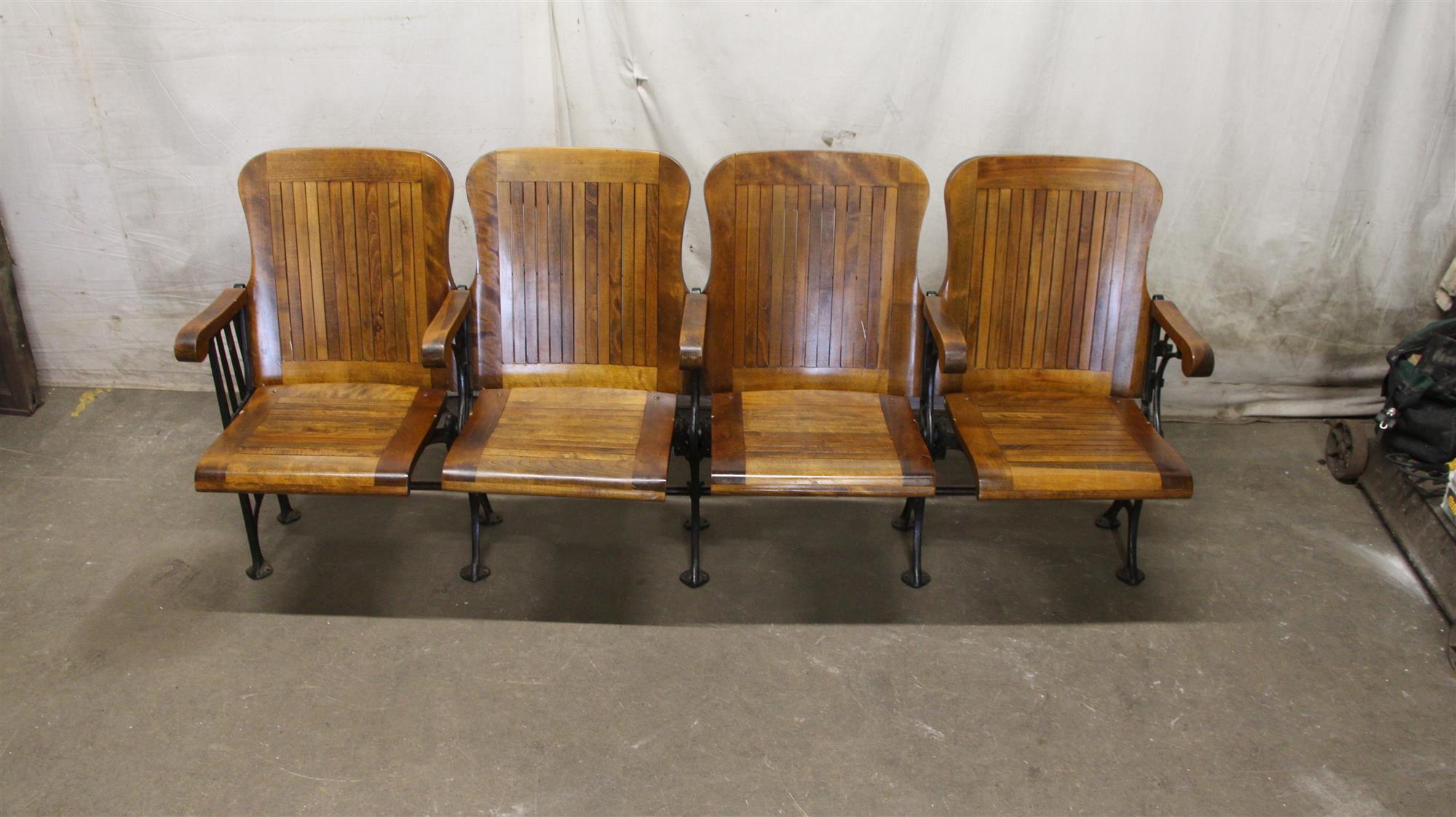 From Brooklyn 1905, folding theater seats. Ends may differ slightly due to being previously connected. Small quantity available at time of posting. Priced each set. Sets of two or three also available. Please inquire. This can be viewed at our