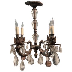1905 French Four Arm Gas Crystal and Iron Chandelier