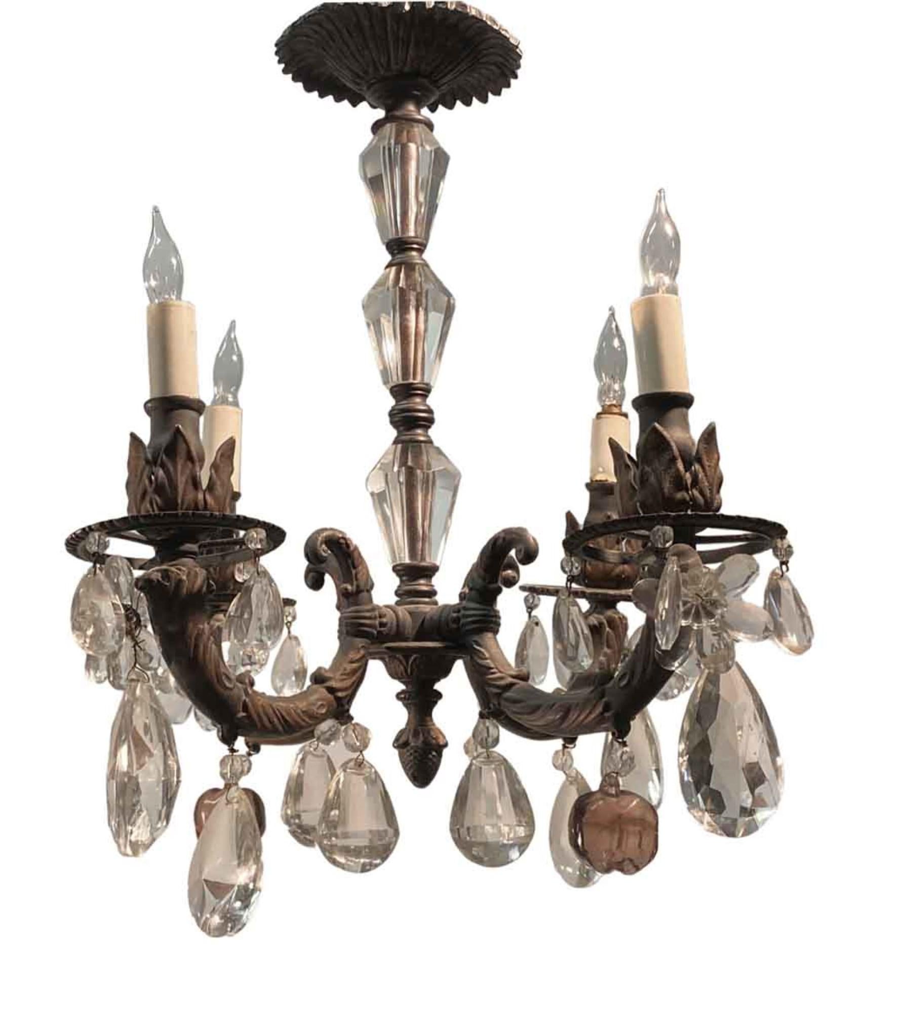 Cast 1905 French Four Arm Gas Crystal and Iron Chandelier