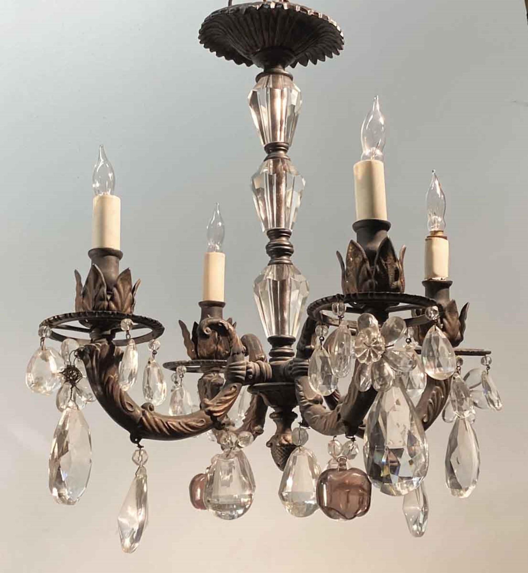 1905 French Four Arm Gas Crystal and Iron Chandelier In Good Condition In New York, NY