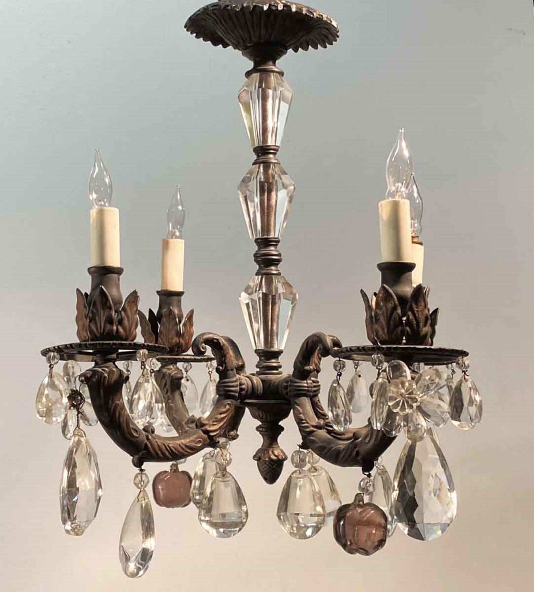 Early 20th Century 1905 French Four Arm Gas Crystal and Iron Chandelier