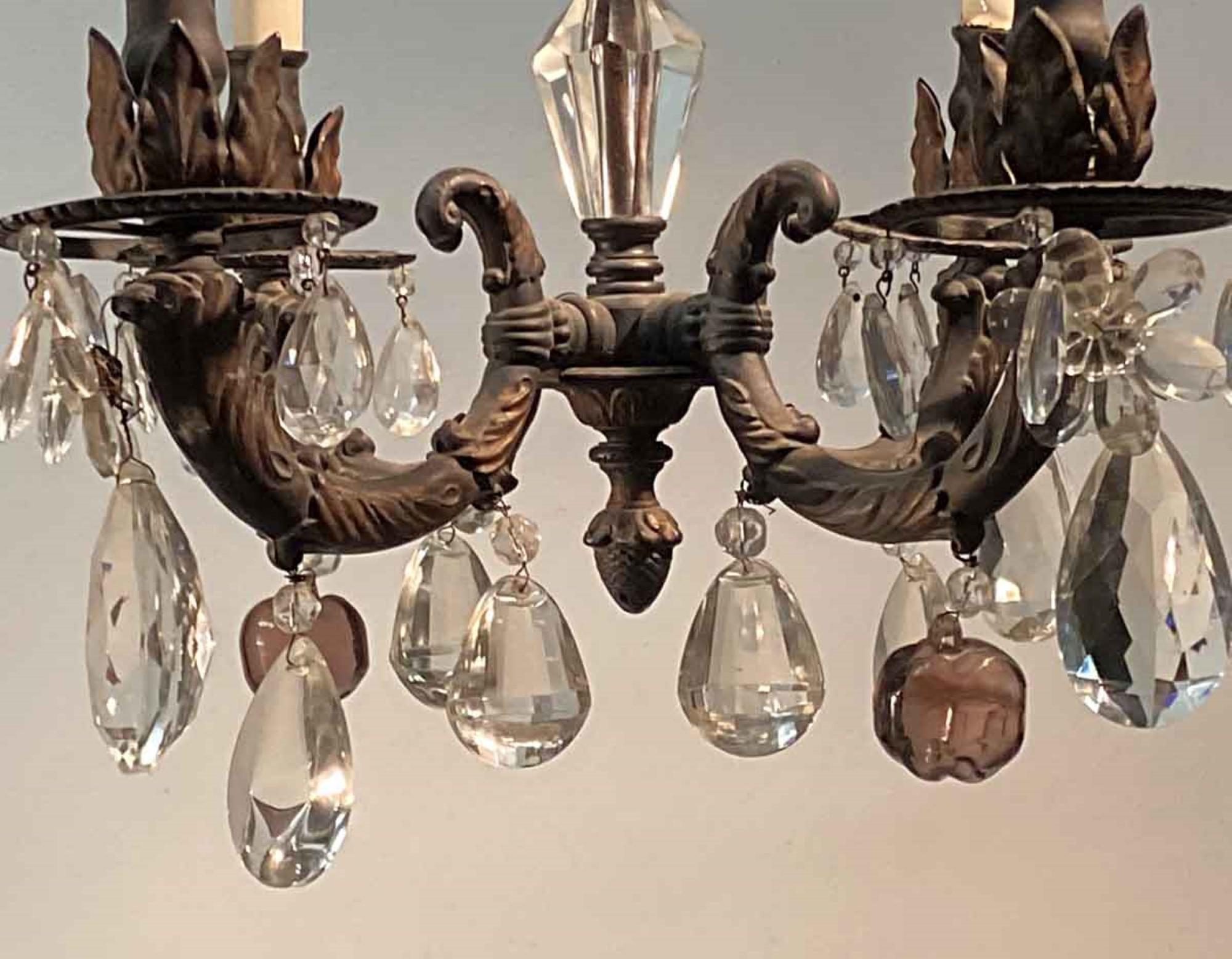 1905 French Four Arm Gas Crystal and Iron Chandelier 1