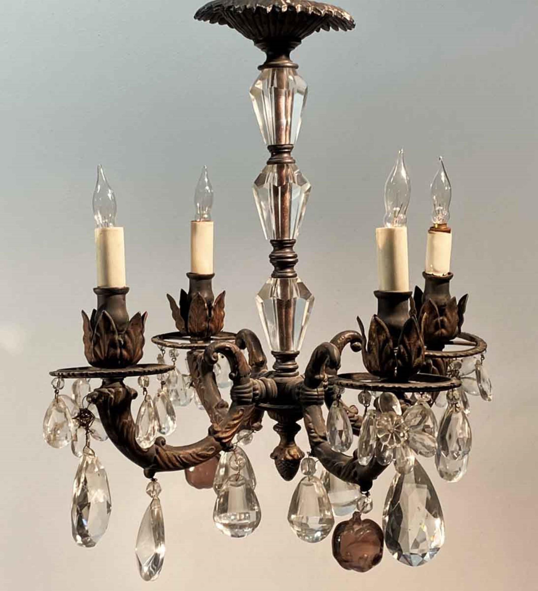 1905 French Four Arm Gas Crystal and Iron Chandelier 2