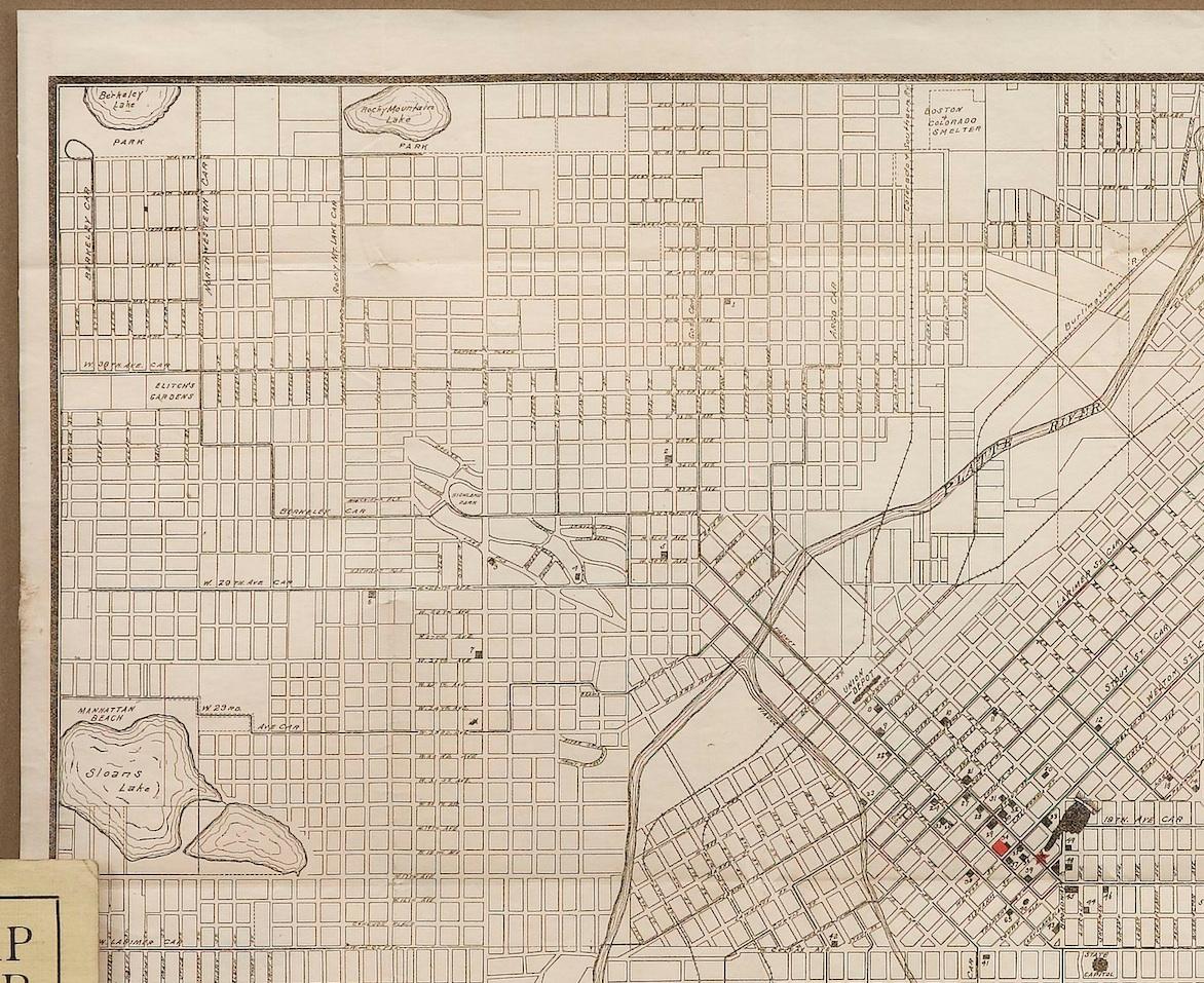 This is a detailed antique map of Denver, Colorado. It was published in 1905 by George Bell Company, Mineralogists, Lapidaries and Manufacturing Jewelers, located at 437 17th Street in Denver.

The map offers intricate details of streets and blocks