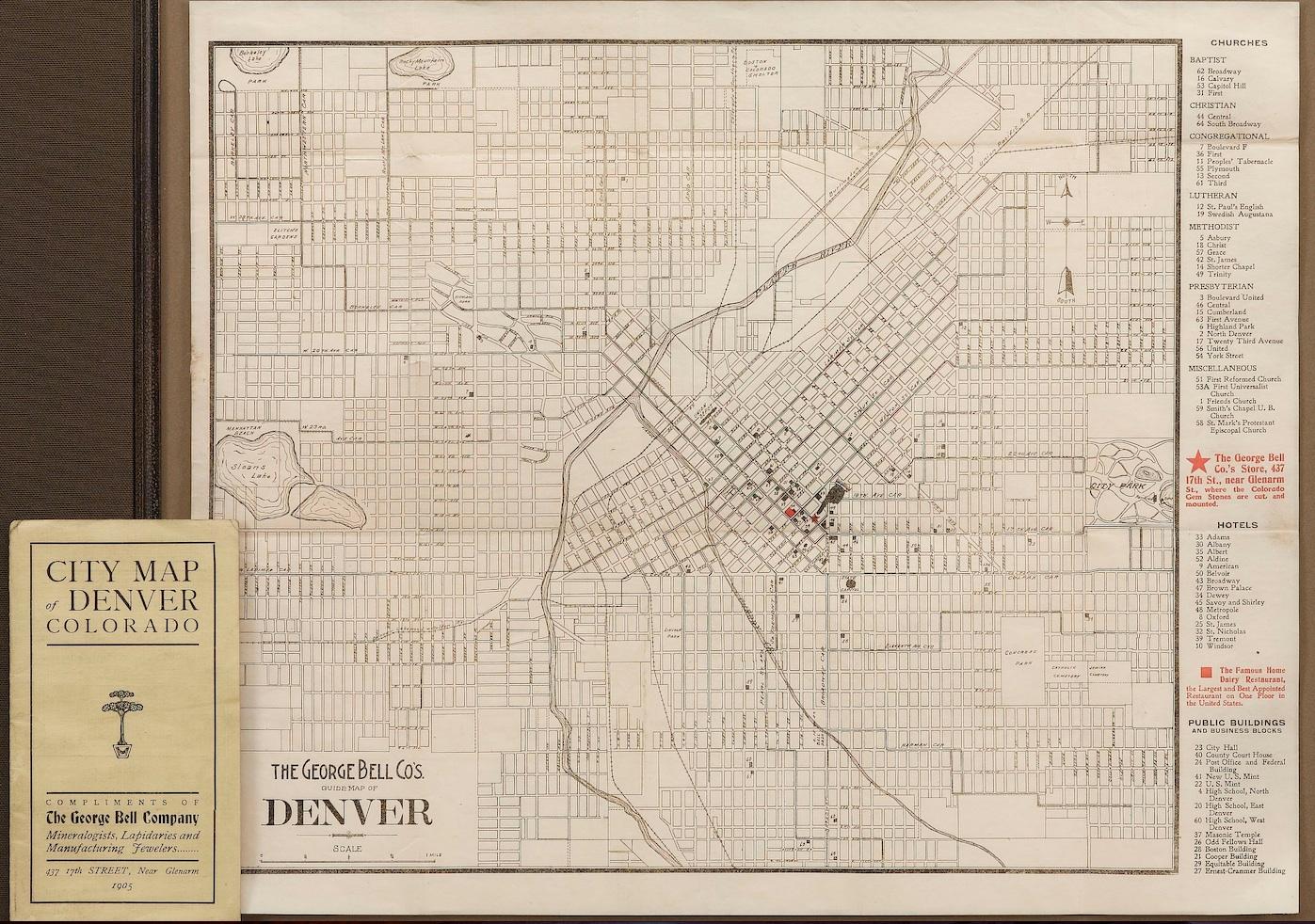 1905 Guide Map of Denver Colorado, by George Bell Co., Antique Map with Booklet In Good Condition In Colorado Springs, CO