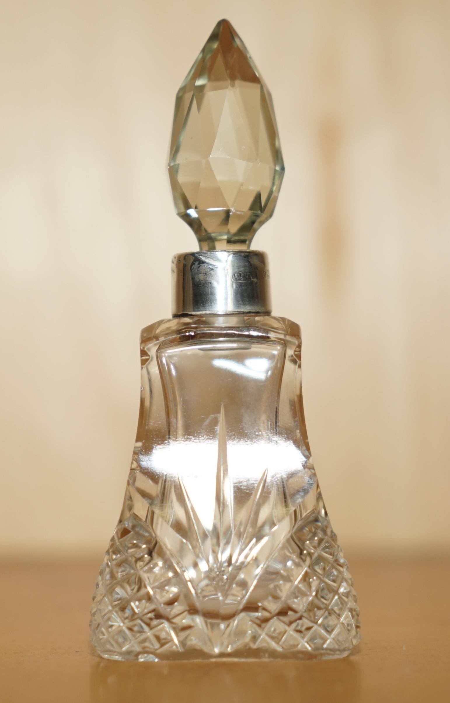 Edwardian 1905 HENRY PERKINS & SONS ANTIQUE STERLING SiLVER PERFUME BOTTLE CUT CRYSTAL For Sale