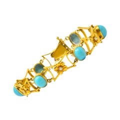 Antique 1905 Victorian Turquoise Diamond 14 Karat Gold Floral Link Bracelet