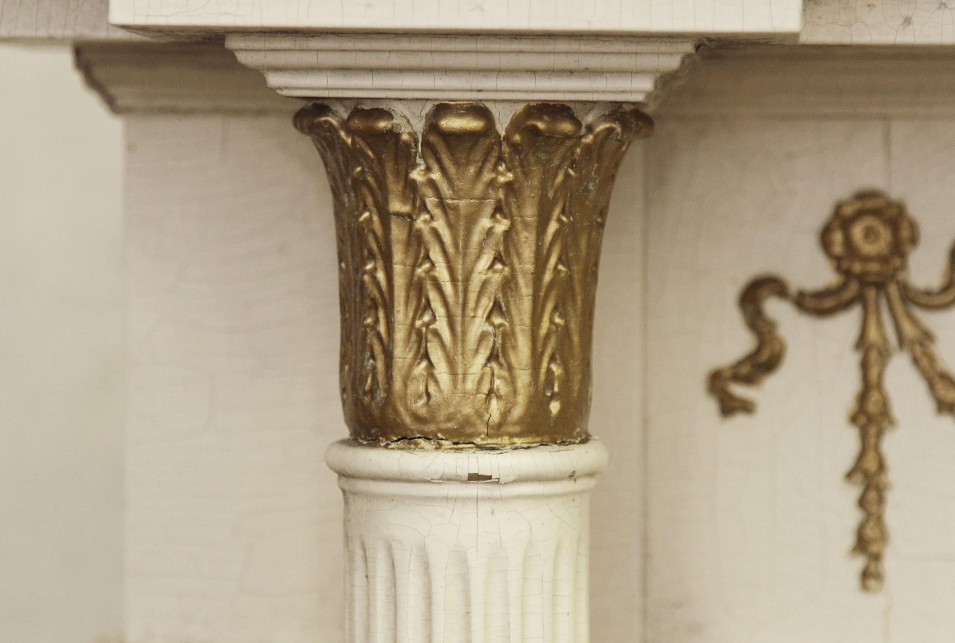1905 White & Gold Wood Federal Style Mantel with Columns and Egg and Dart Design 1
