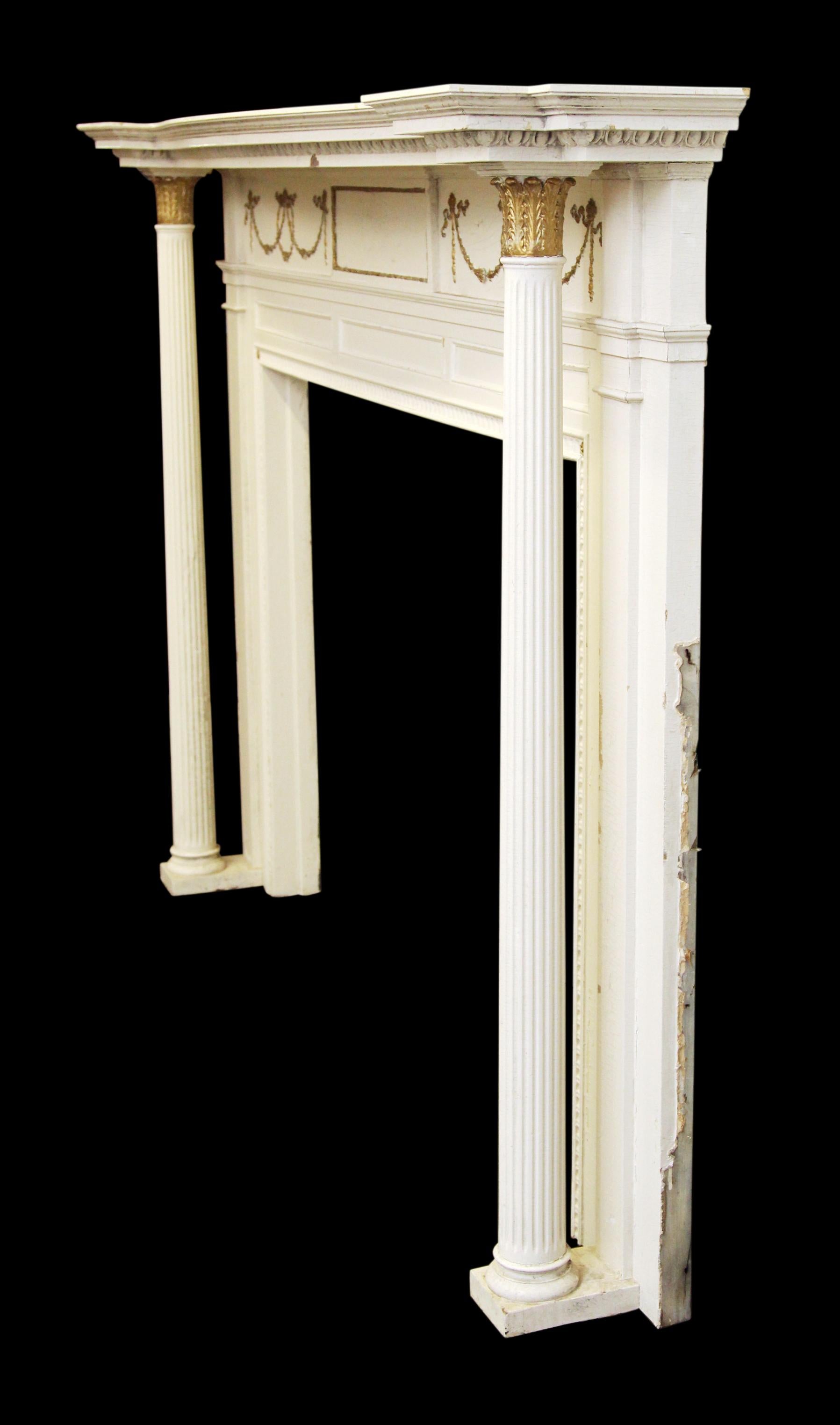 1905 White & Gold Wood Federal Style Mantel with Columns and Egg and Dart Design 3