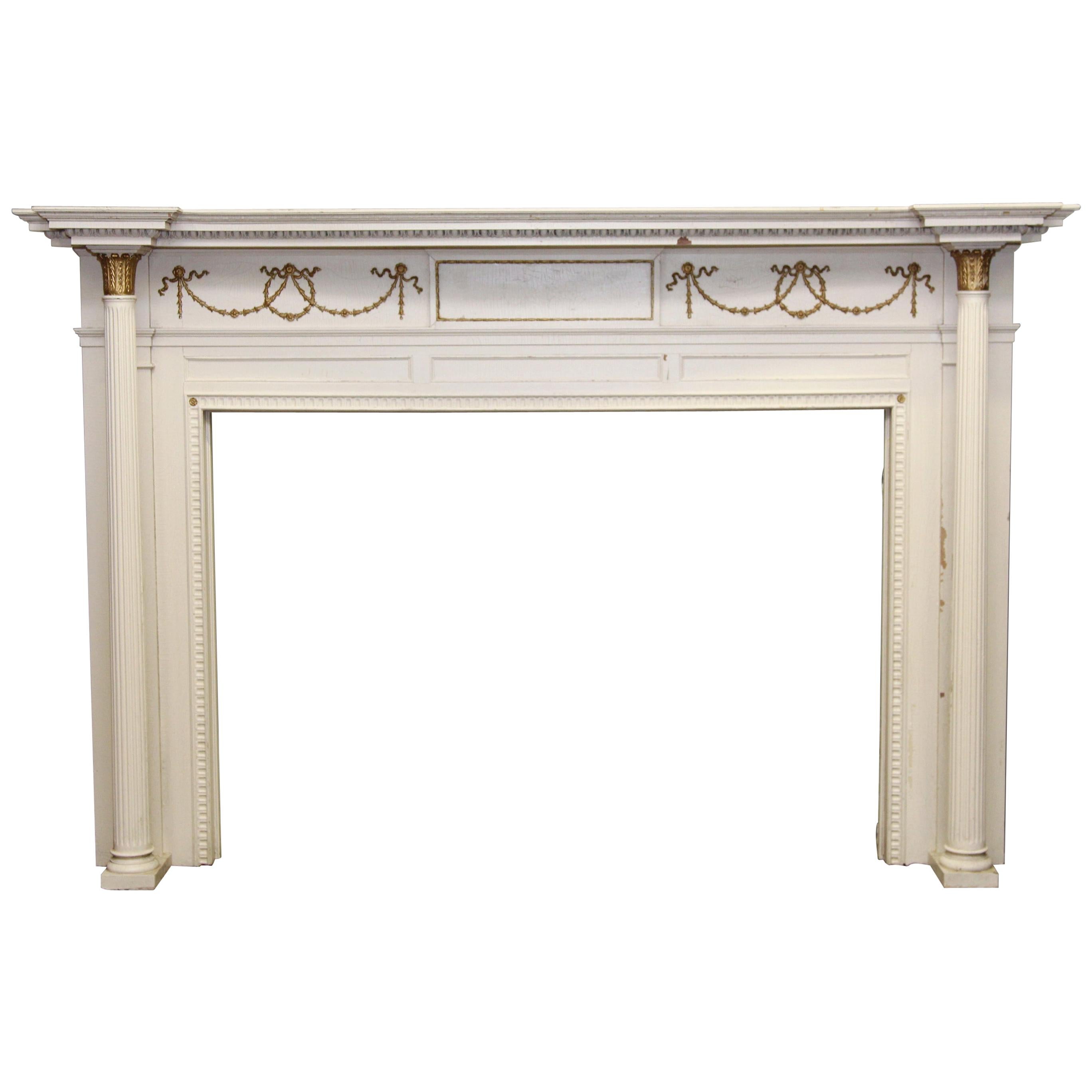1905 White & Gold Wood Federal Style Mantel with Columns and Egg and Dart Design